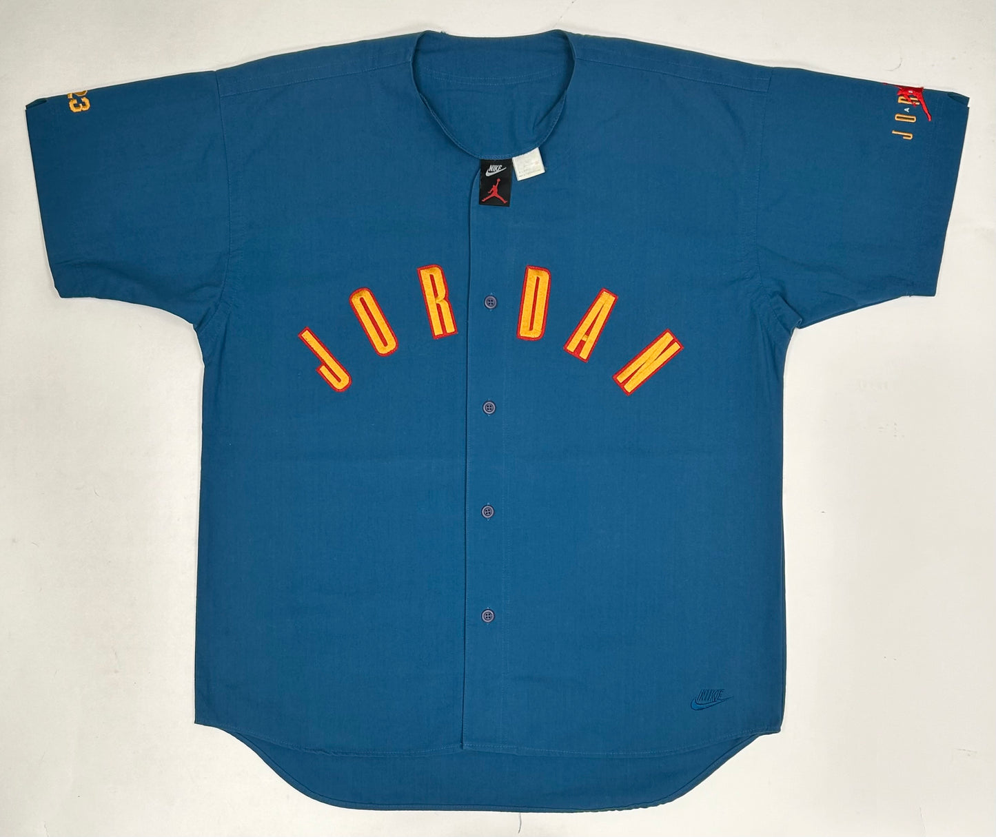Vintage Nike Air Jordan 'Spellout Logo' Baseball Jersey Blue 1991 Rare XL 27.25x33.5x36 Inches