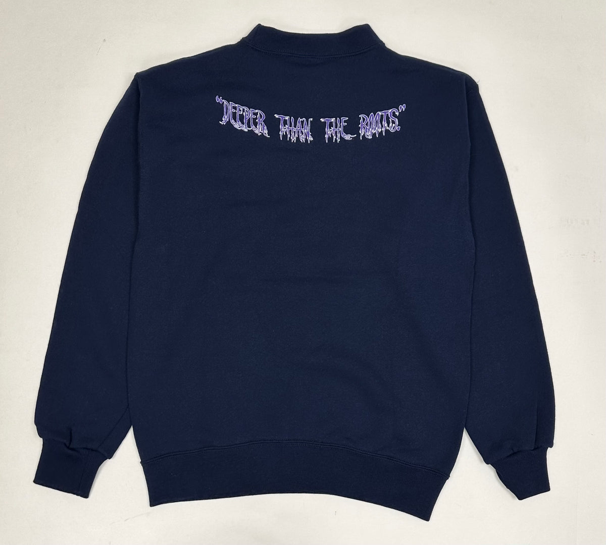 Edgewood NJ “Deeper Than The Roots.” First Edition Crewneck Sweatshirt Tagged Medium Can Fit Small 20.75x26.5 Soffee 90s 50/50 Navy Blue