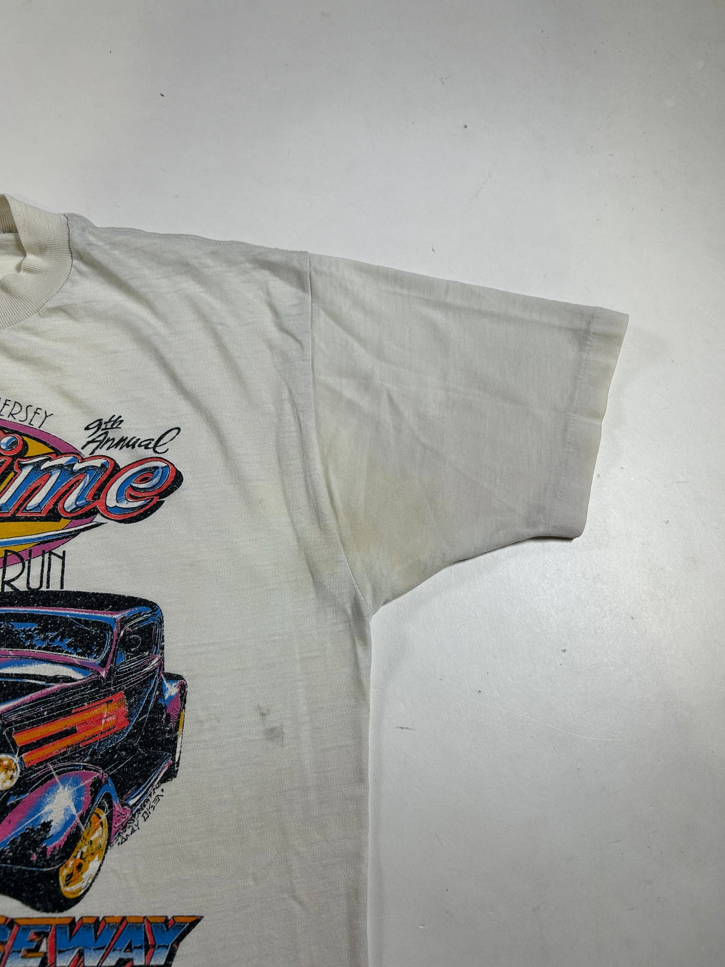 Vintage 1999 9th Annual Rollin Roda Old Time Drags And Rod Run Raceway Park Englishtown NJ Tee Paper Thin Worn In As Is M/L Fit 20x26.25 Inches