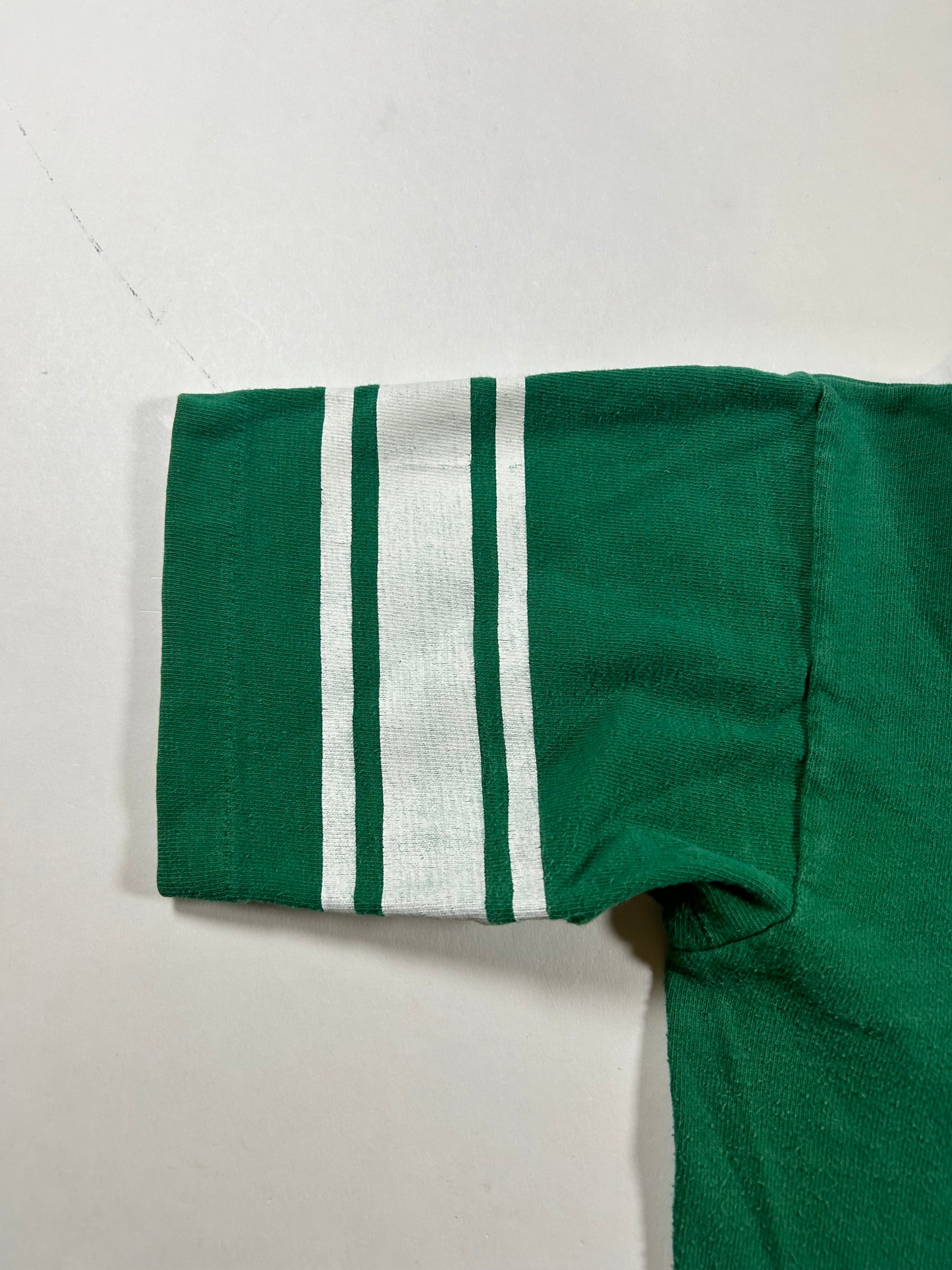 Vintage 70s Notre Dame Champion Blue Bar Green Jersey Style Tee 18.25x26 Inches Small Fit As Is