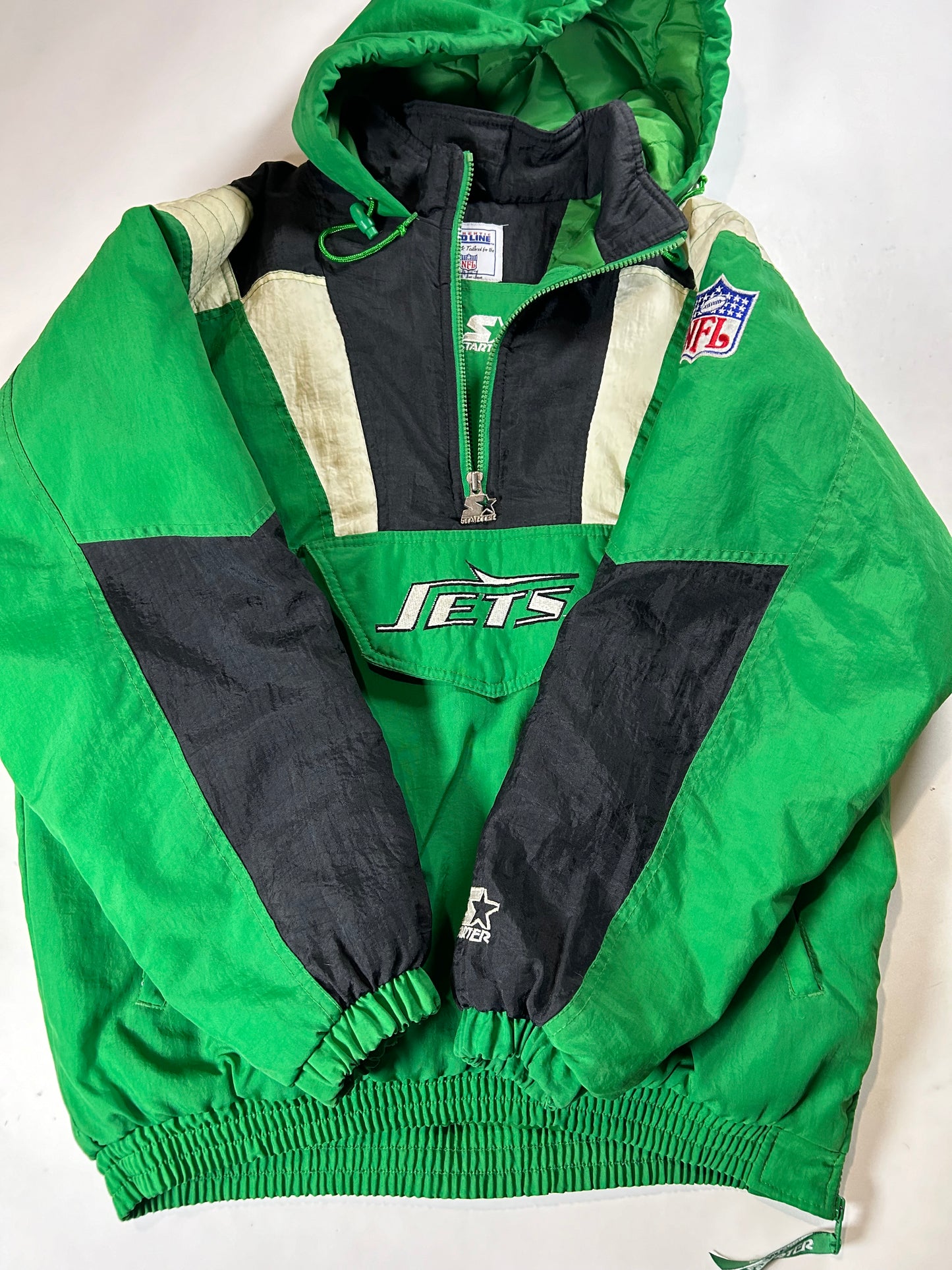 Vintage 90s Starter Authentic Pro Line New York Jets NFL Pouch Pullover Puffer Jacket XL 25.5x29.25 Inches