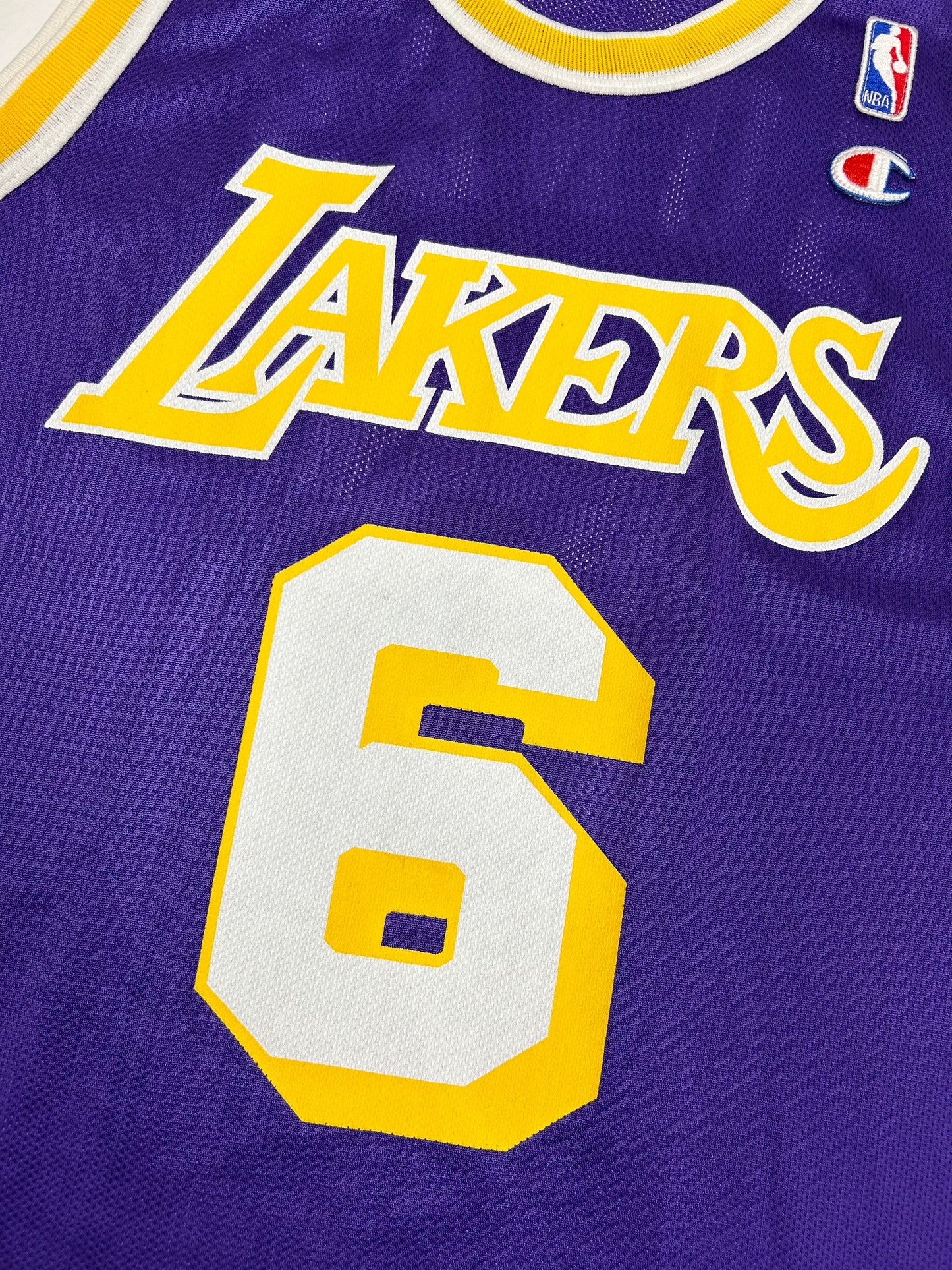 Vintage 90s Champion Los Angeles Lakers NBA Eddie Jones #6 Jersey Purple Size 44 Large 22.76x32.25 Inches