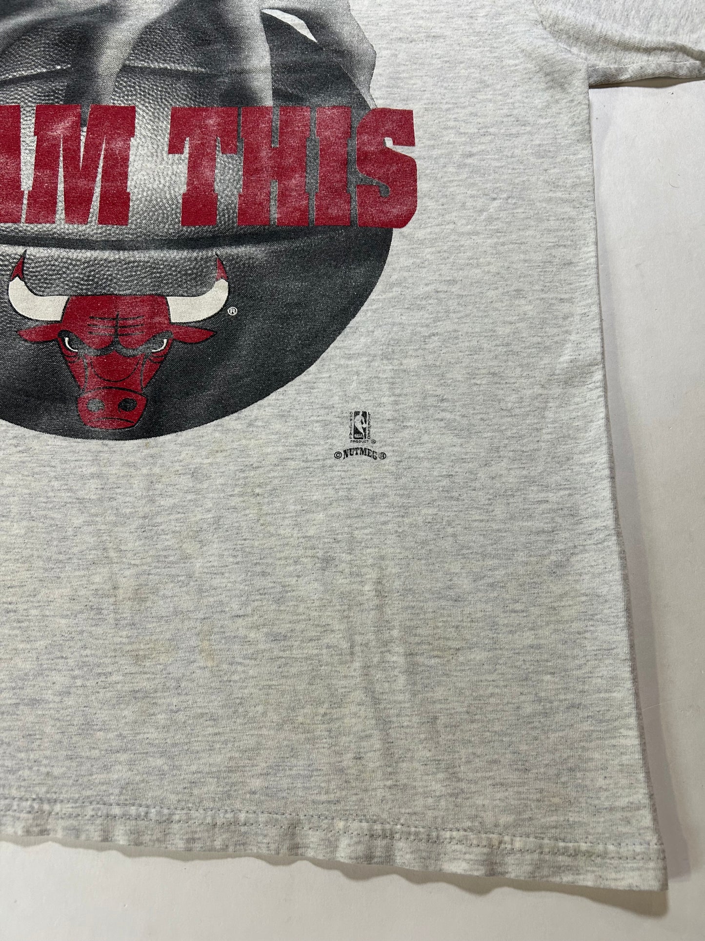 Vintage 90s Nutmeg Mills Chicago Bulls Slam This NBA Tee Gray L/XL 22.5x29 Inches Gray Worn As Is Has Wear & Stains