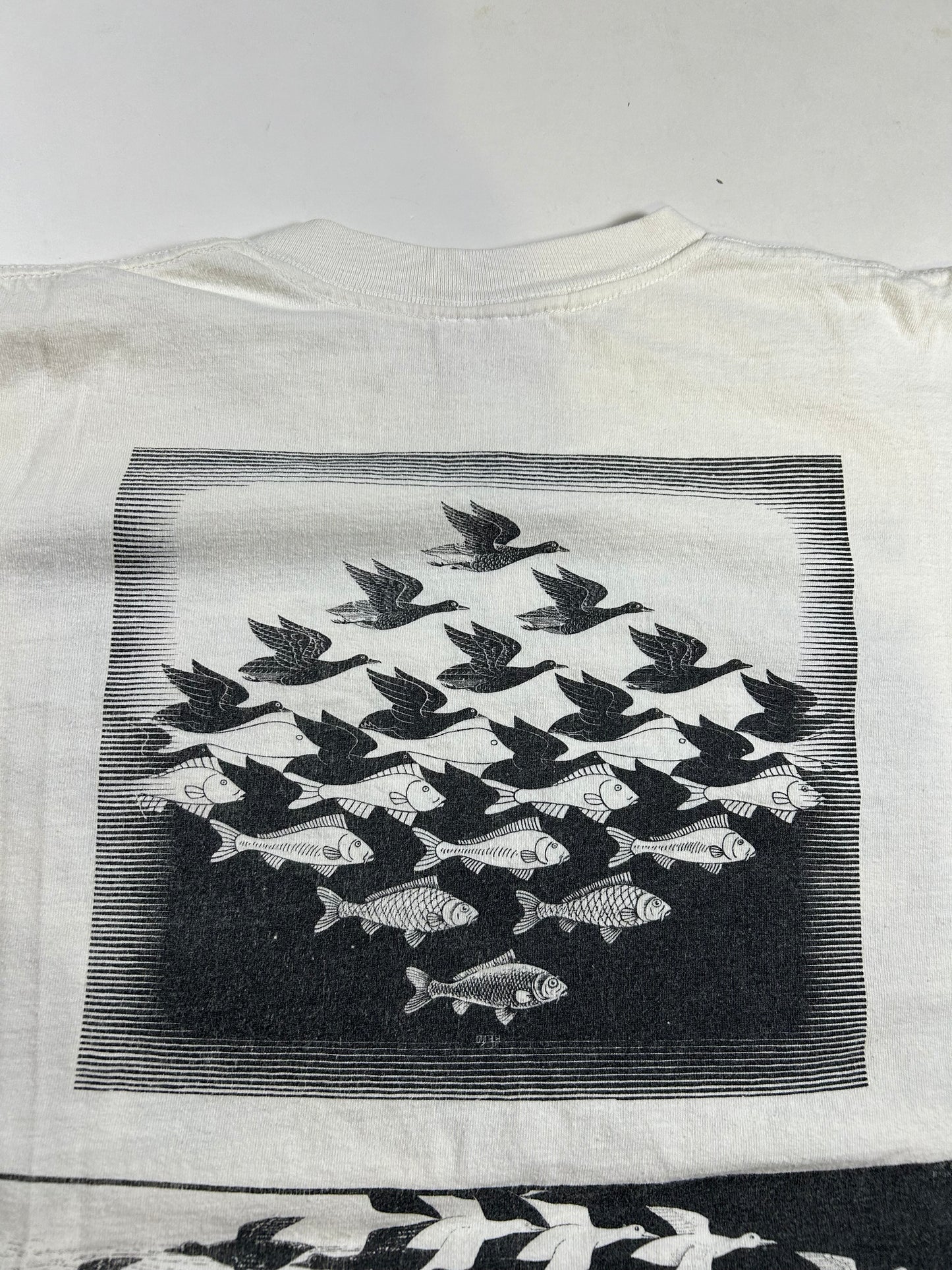 Vintage 1990 M.C. Escher Shirt White All Over Rare Print Art Single Stitch 23x27.75 Inches As Is