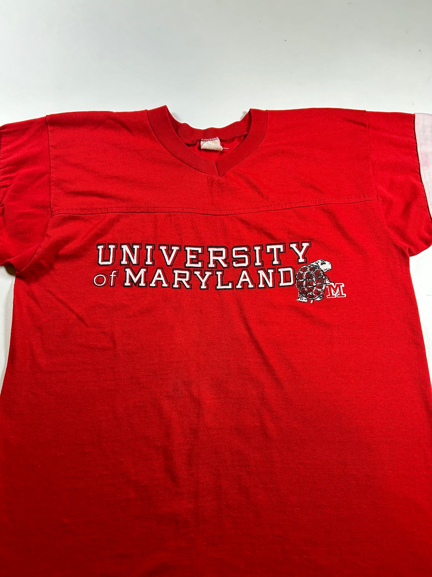 Vintage University of Maryland College Red 3/4 Sleeve Tee Velva Sheen 80s 18.5x25 Inches