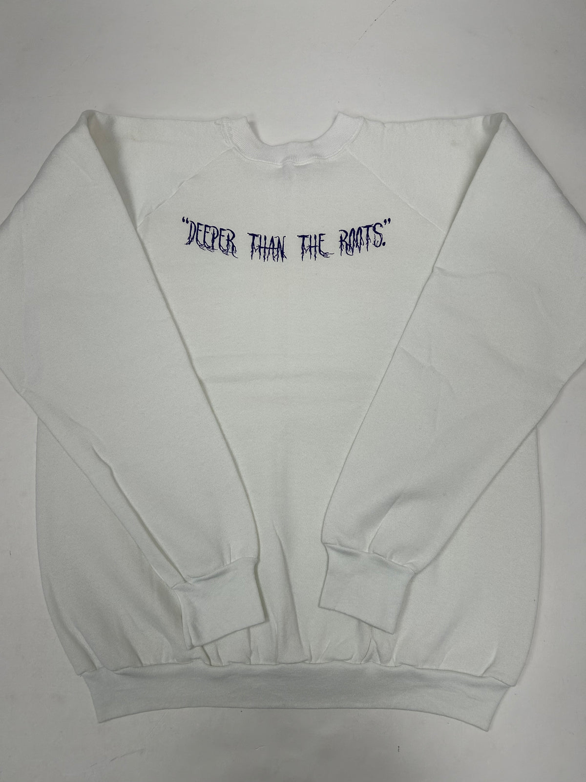 Edgewood NJ first edition “Deeper Than The Roots.” Crewneck Sweatshirt Tagged XL Can Fit Large 23.75x28 Inches Ragland Fruit Of The Loom White