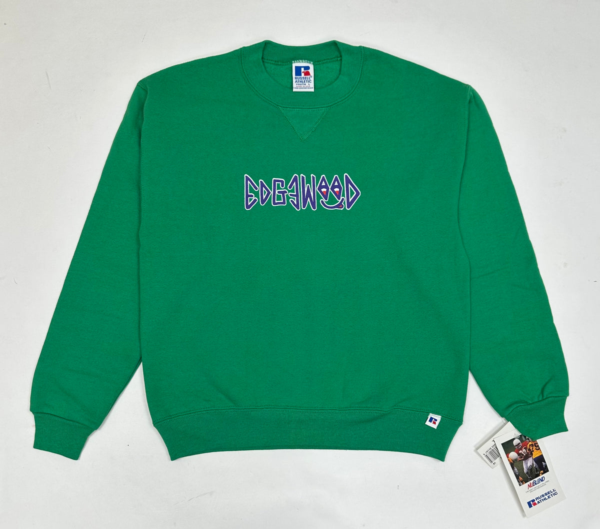 Edgewood NJ “Deeper Than The Roots.” First Edition Crewneck Sweatshirt Tagged Youth Large 90s Russell Athletic 50/50 Blend Made In USA DS Kelley Green 19.5x24
