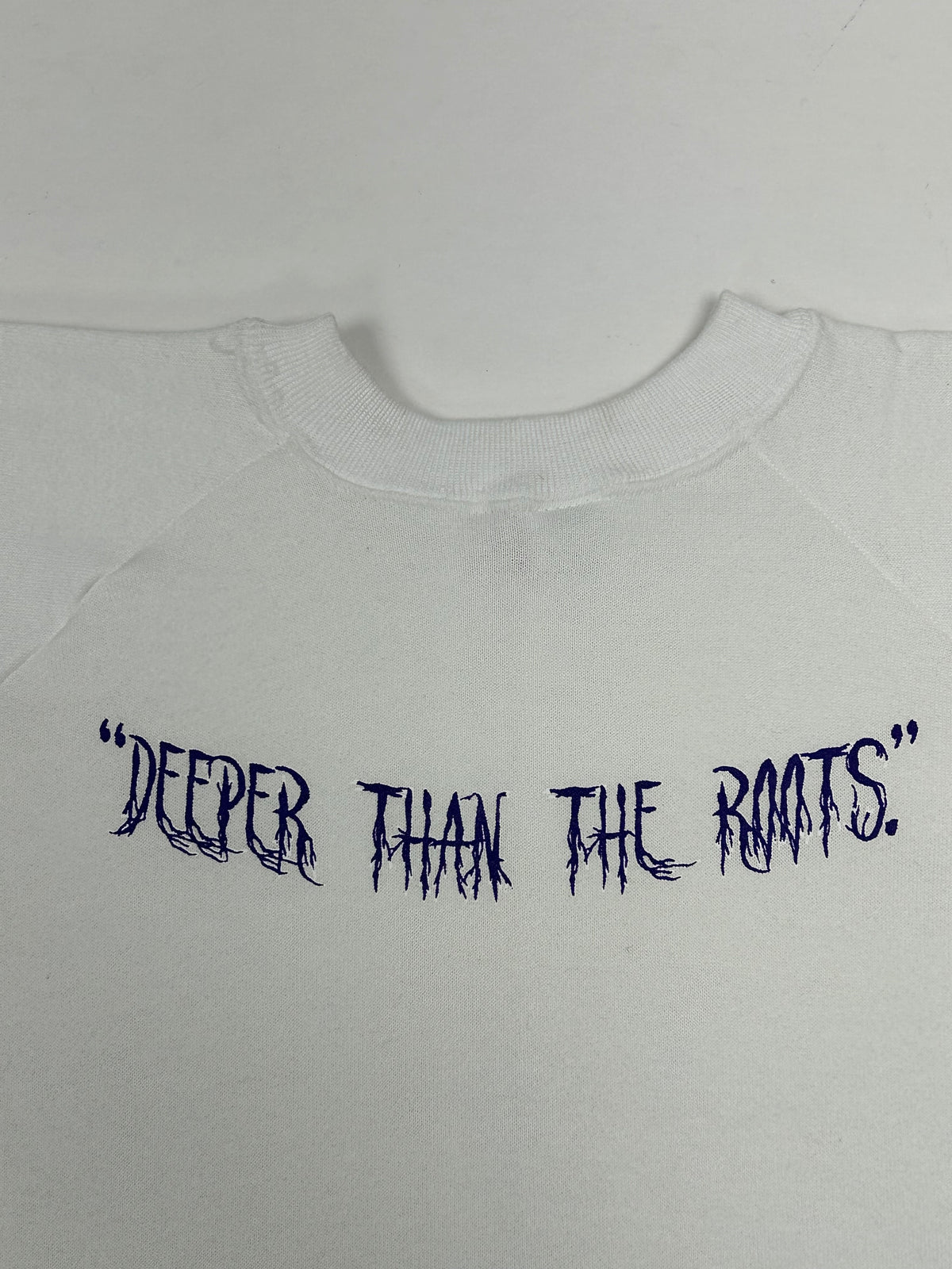 Edgewood NJ first edition “Deeper Than The Roots.” Crewneck Sweatshirt Tagged XL Can Fit Large 23.75x28 Inches Ragland Fruit Of The Loom White