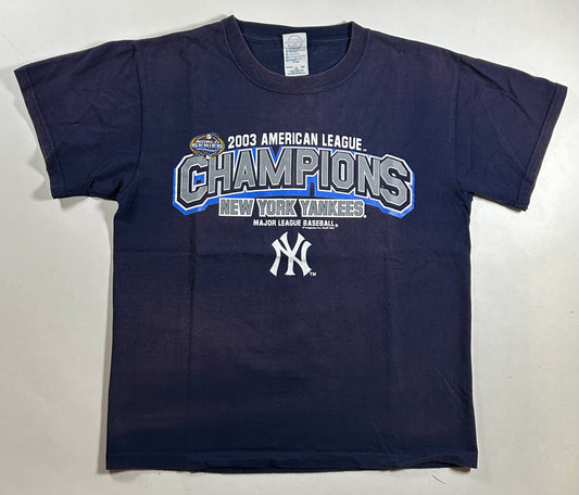 Vintage New York Yankees 2003 American League Champions MLB World Series Tee Faded Navy Blue As Is Size Youth XL Fits Adult Small 20x24.5 Inches