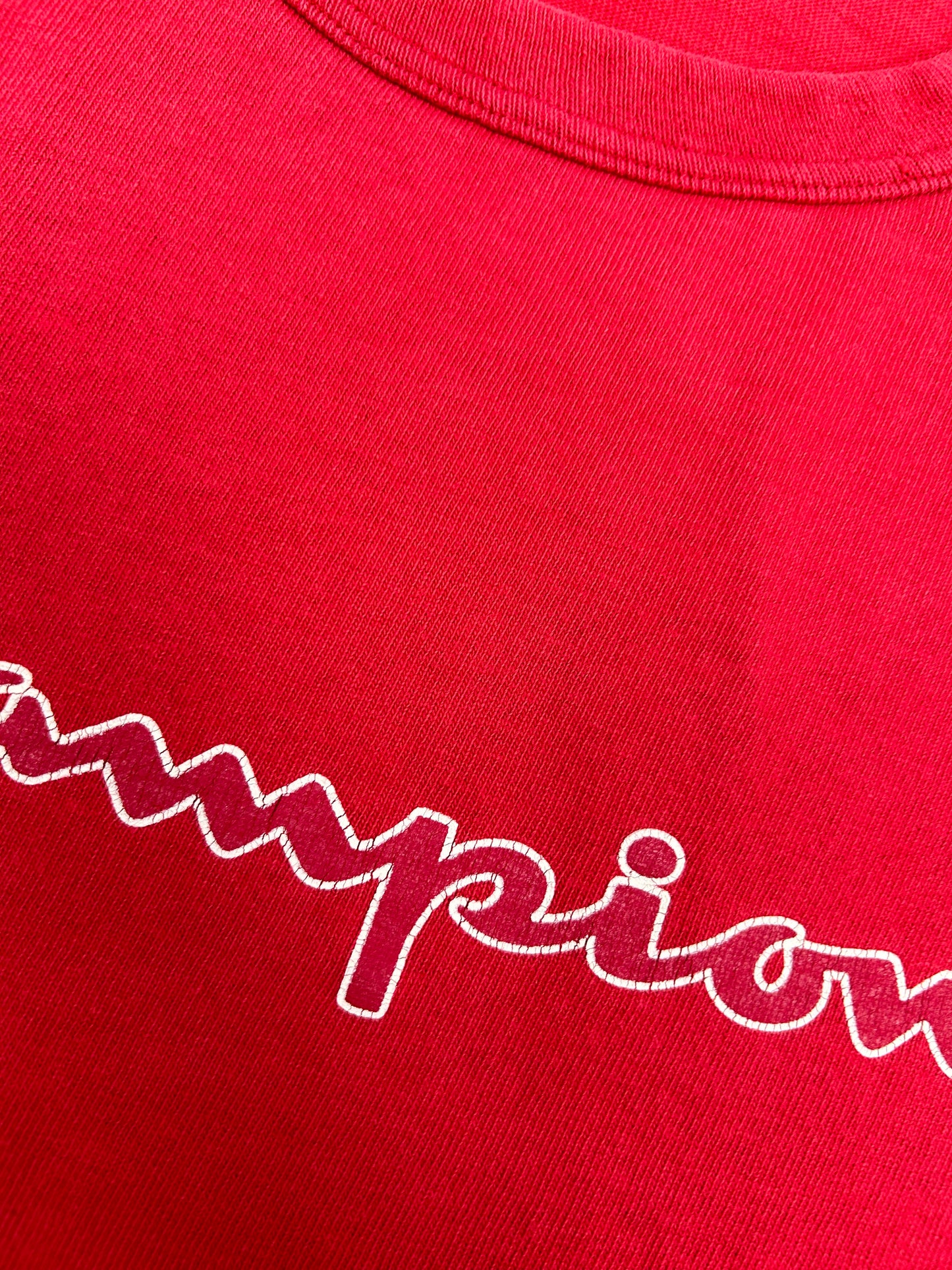 Vintage 90s Champion Script Spell Out Logo Tee Large 23x27.75 Inches Made In USA Tagged Large