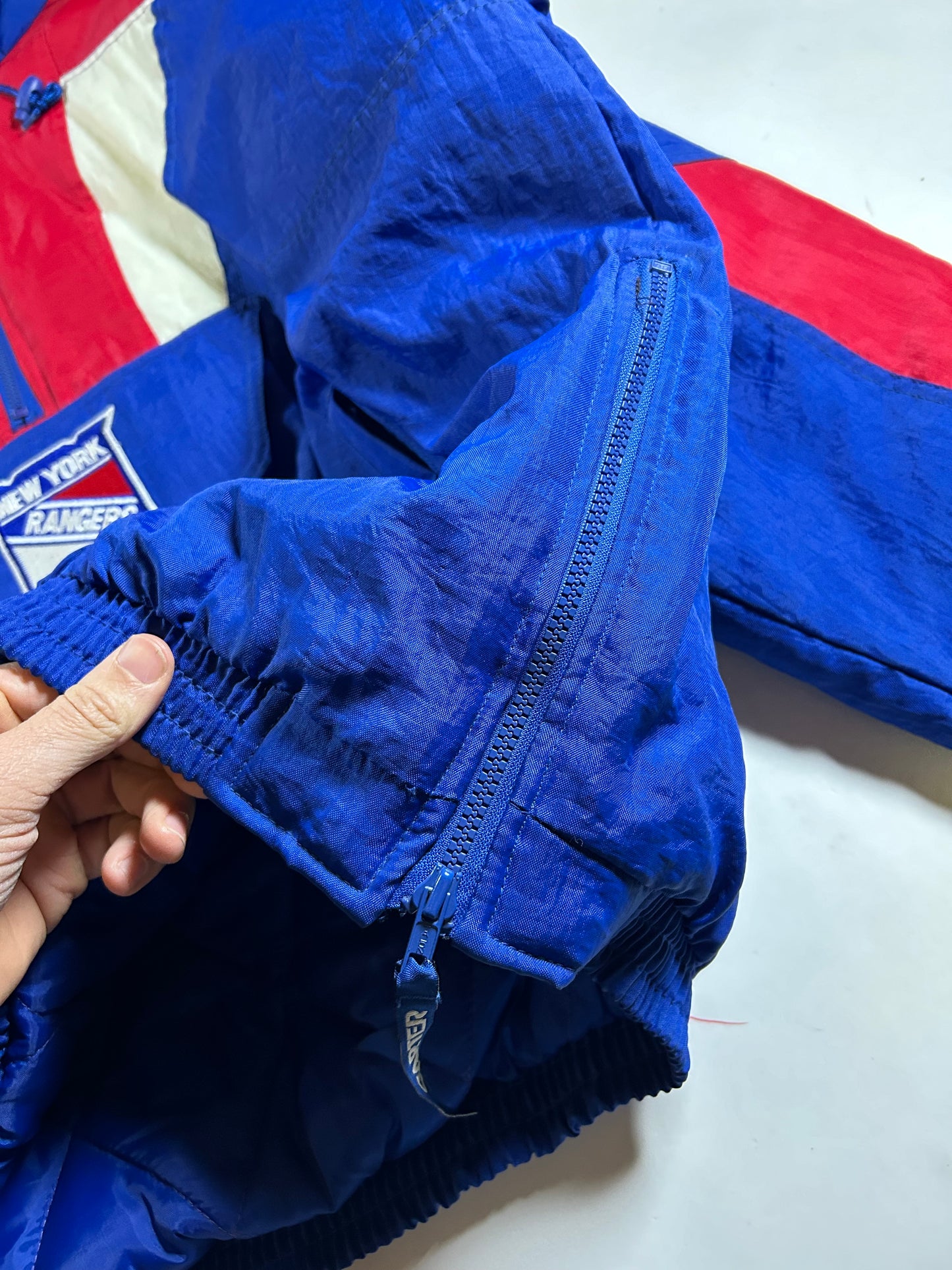 Vintage 90s Starter New York Rangers NHL Pullover Puffer Jacket Half Zip Hooded Jacket XL 29x30.25 Inches