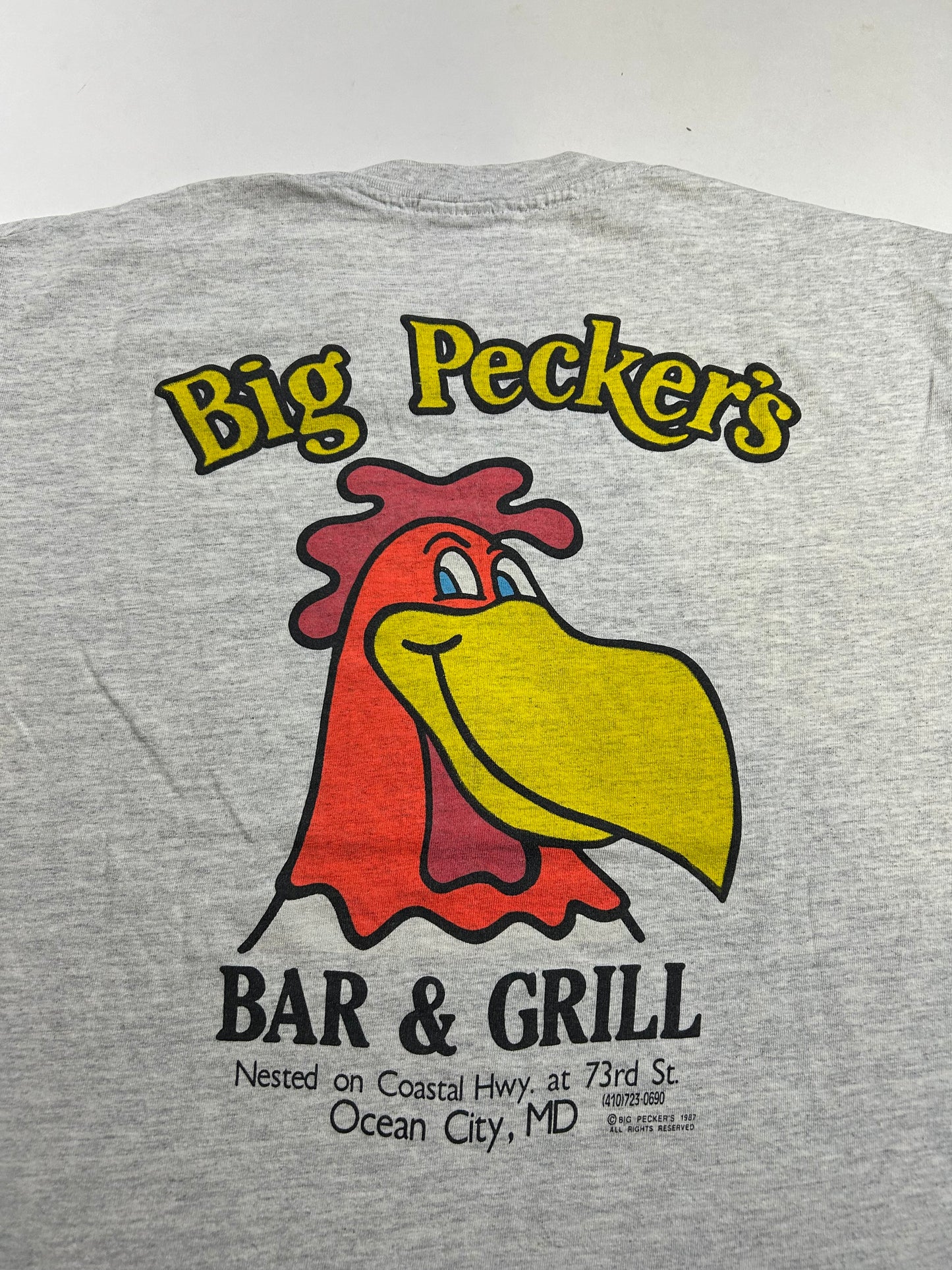 Vintage 90a Big Pecker’s Bar & Grill Ocean City Maryland Tee Large 21.5x28.25 Inches As Is Worn In