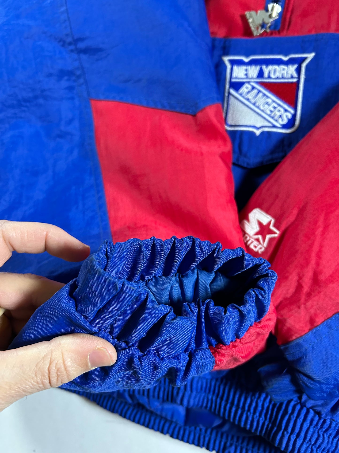 Vintage 90s Starter New York Rangers NHL Pullover Puffer Jacket Half Zip Hooded Jacket XL 29x30.25 Inches