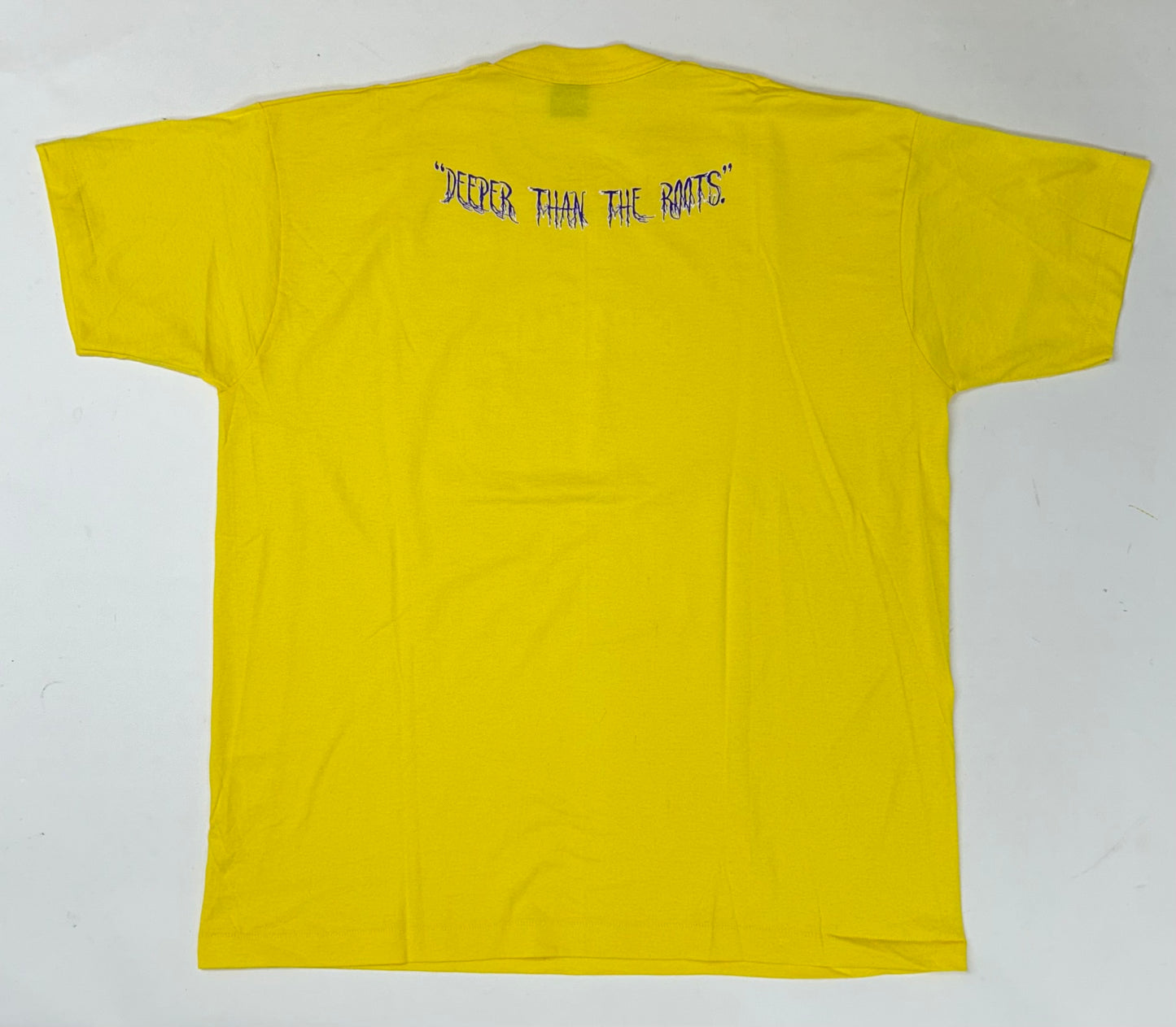 Edgewood NJ first edition “Deeper Than The Roots.” Tee 2XL 26.25x32.25 Inches 90s Fruit Of The Loom USA 50/50 Blend Bright Yellow
