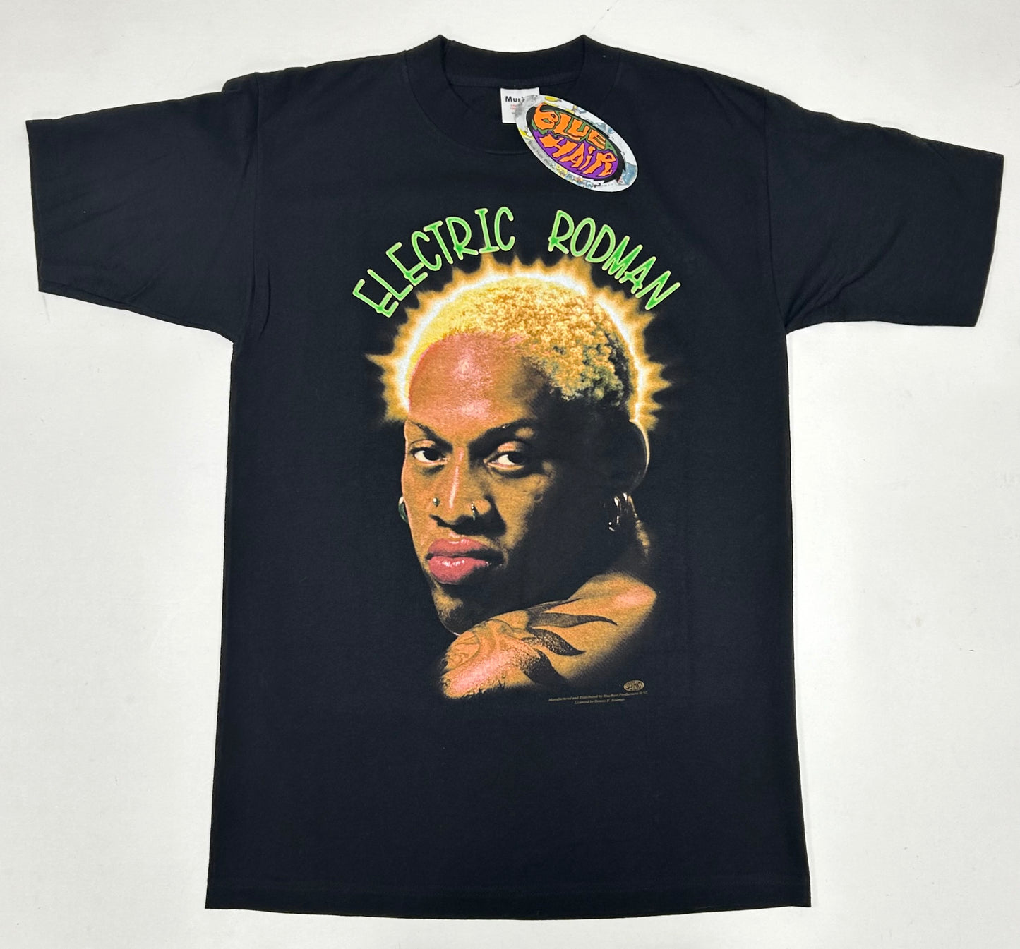 Vintage 1997 Dennis Rodman Electric Rodman Blue Hair Productions Graphic Tee Brand New With Sticker Tag Medium 20x30.25 Inches