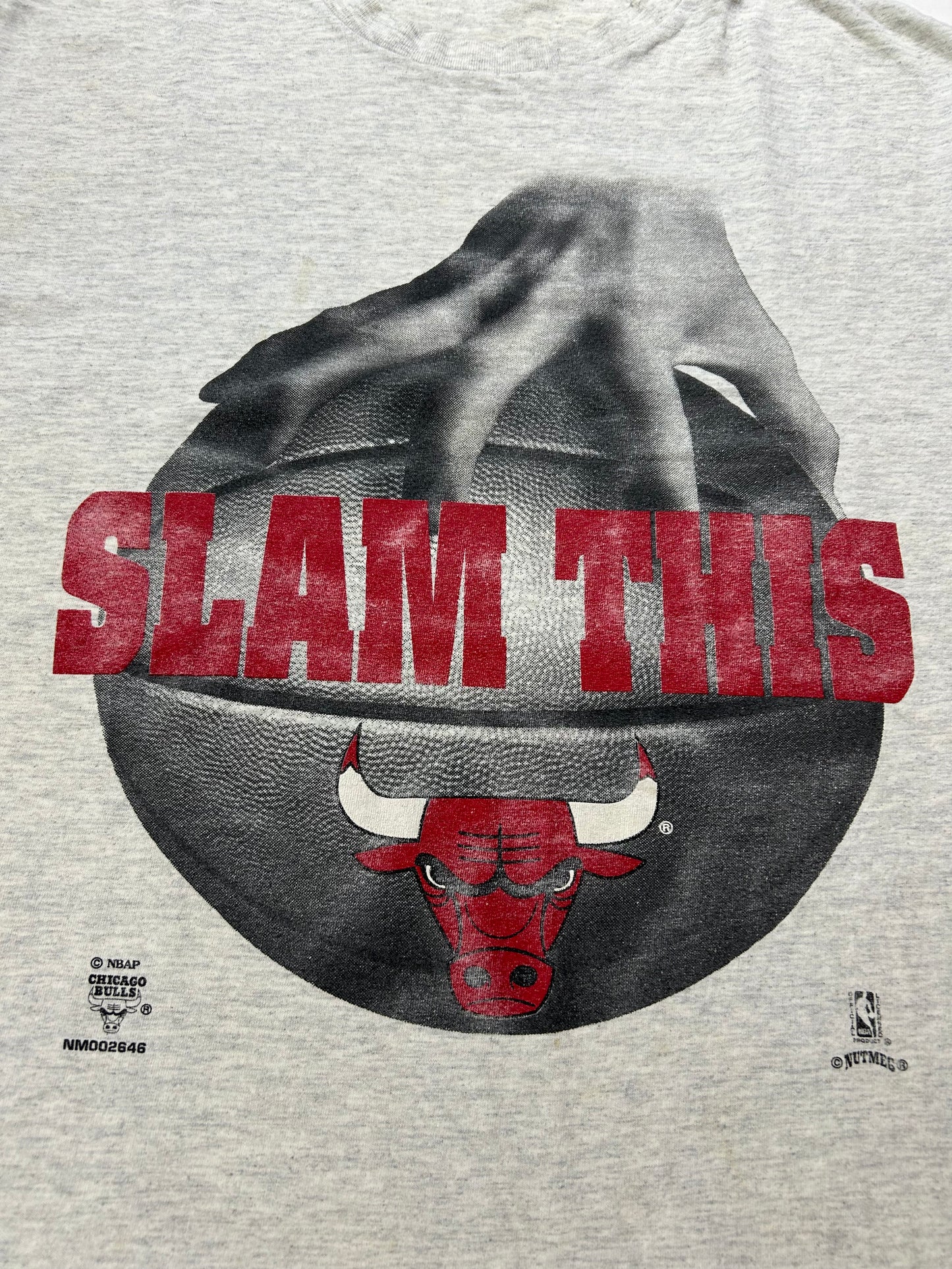 Vintage 90s Nutmeg Mills Chicago Bulls Slam This NBA Tee Gray L/XL 22.5x29 Inches Gray Worn As Is Has Wear & Stains