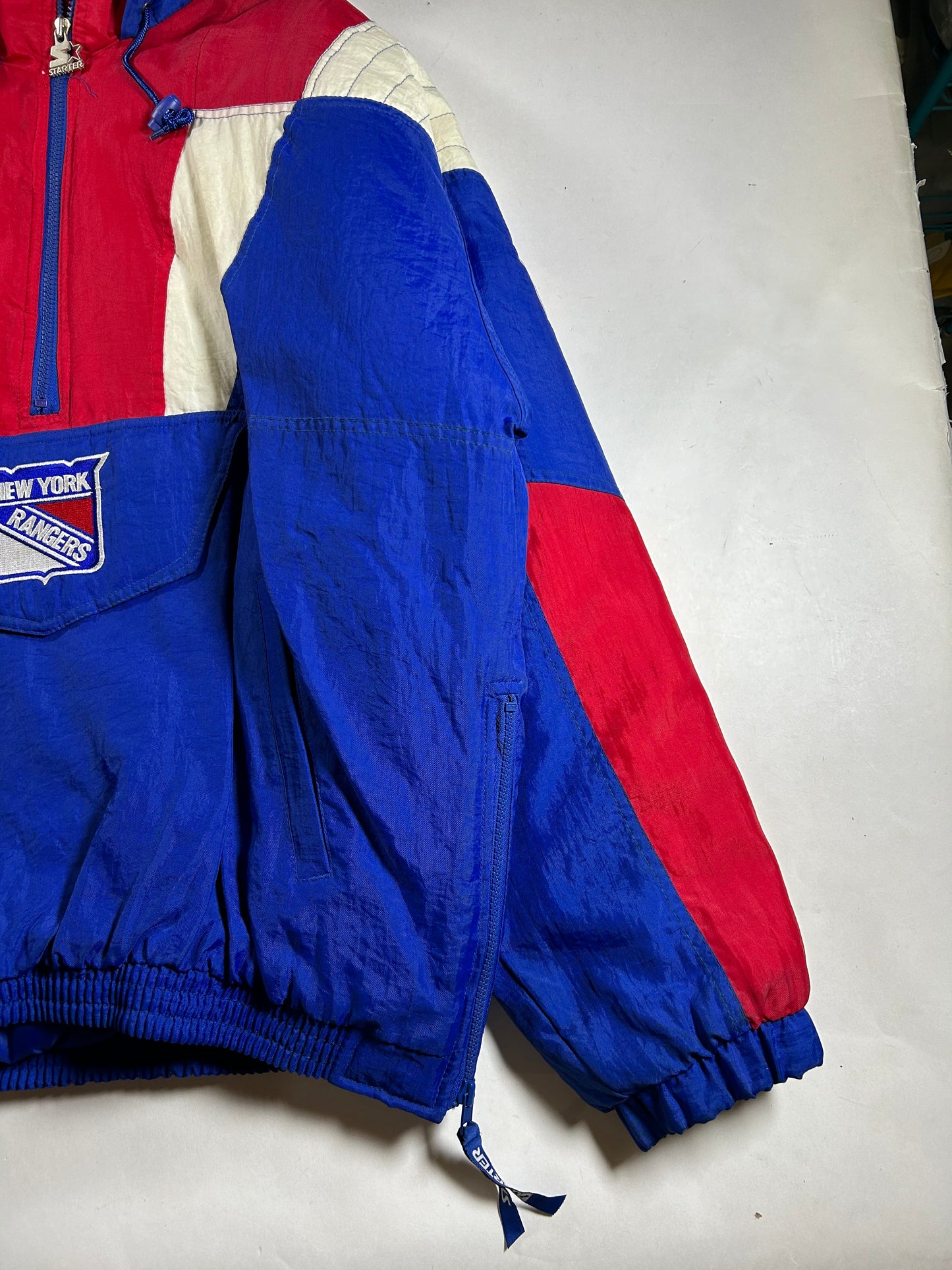 Vintage 90s Starter New York Rangers NHL Pullover Puffer Jacket Half Zip Hooded Jacket XL 29x30.25 Inches