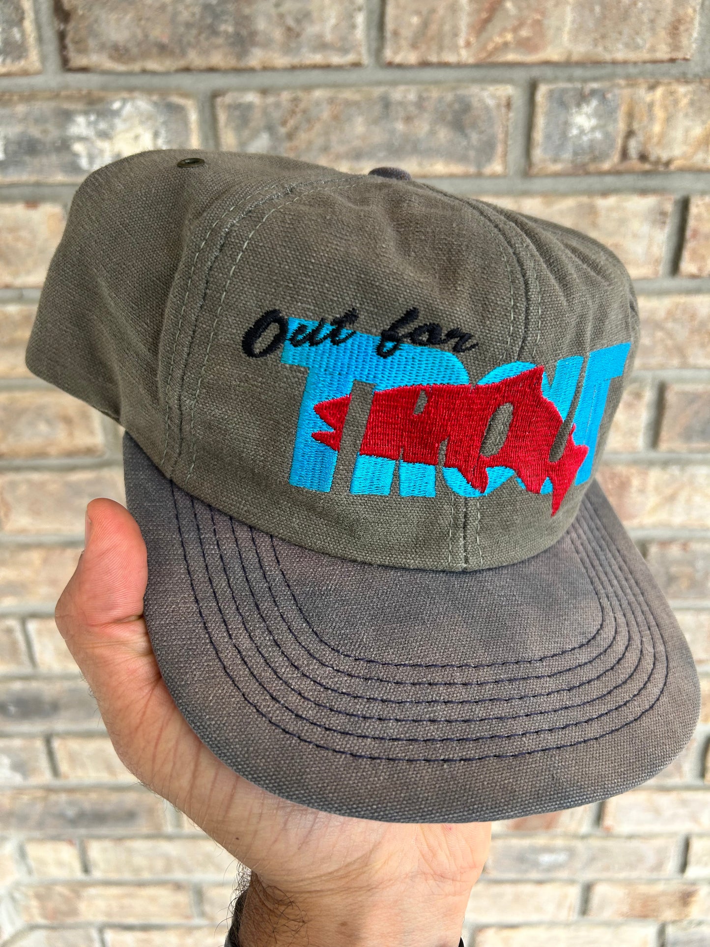 Vintage Out for Trout Snapback Fishing Hat Cap Made In The USA Great Fading 90s