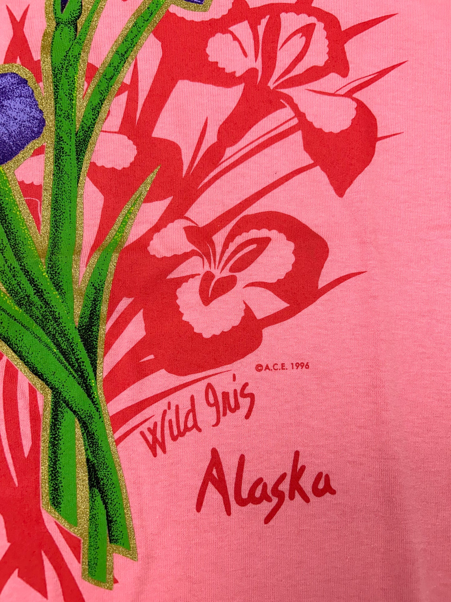 Vintage 1996 A.C.E. Wild Iris Flower Alaska Tee DS New With Tag XL 23.75x31.25 Inches