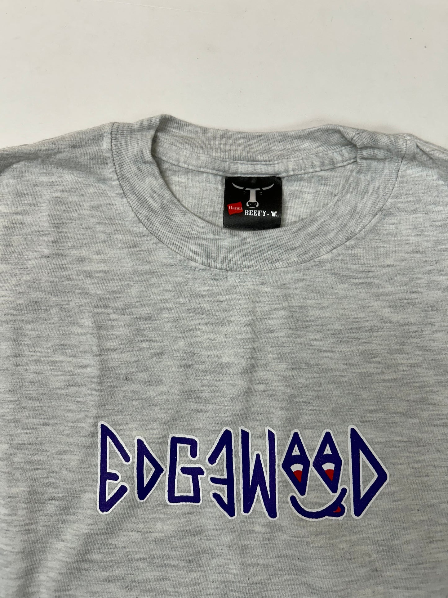 Edgewood NJ first edition “Deeper Than The Roots.” Tee 00s Hanes Beefy-T 99% Cotton 1% Other Fibers El Salvador Heather Gray