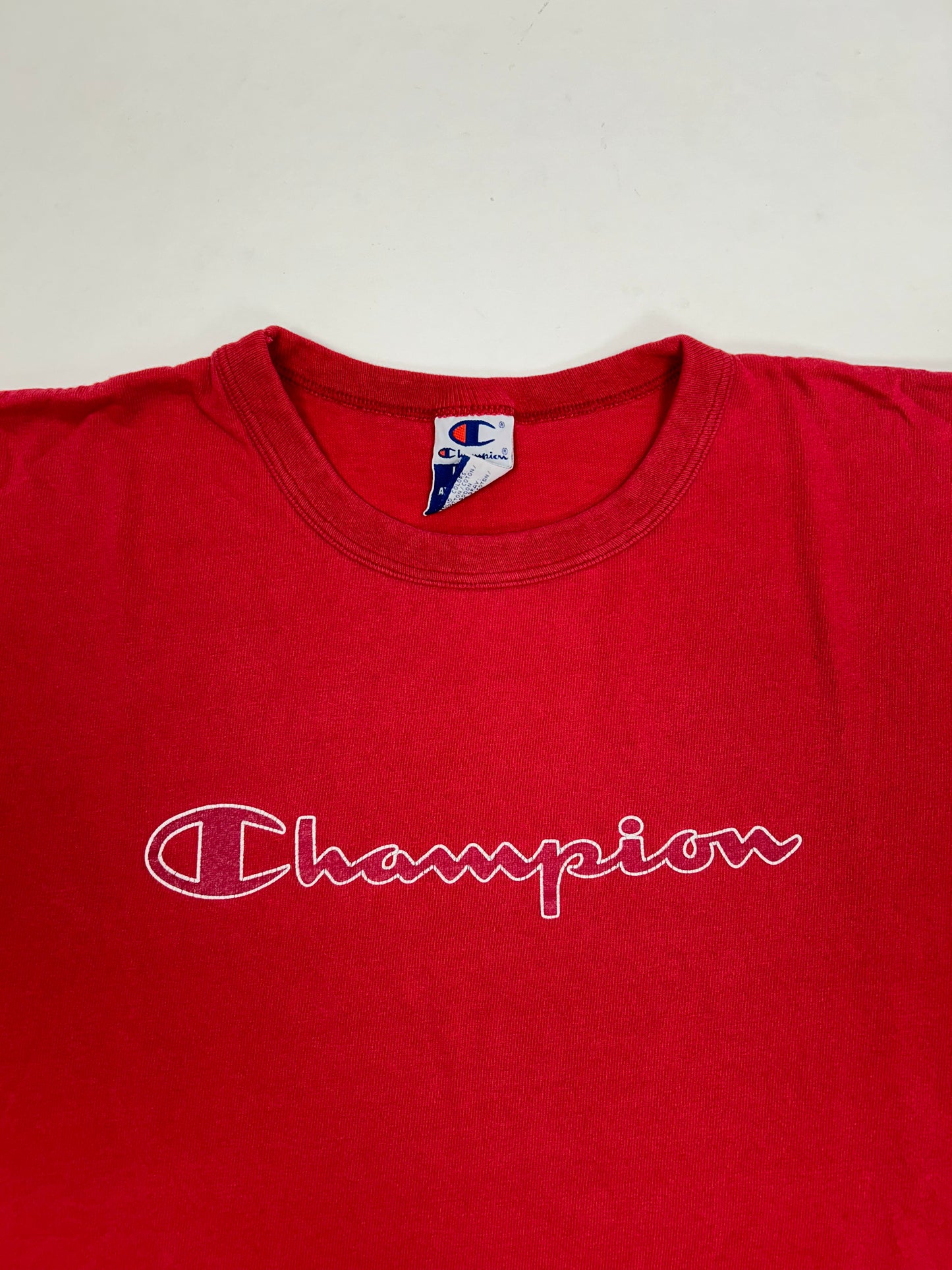 Vintage 90s Champion Script Spell Out Logo Tee Large 23x27.75 Inches Made In USA Tagged Large