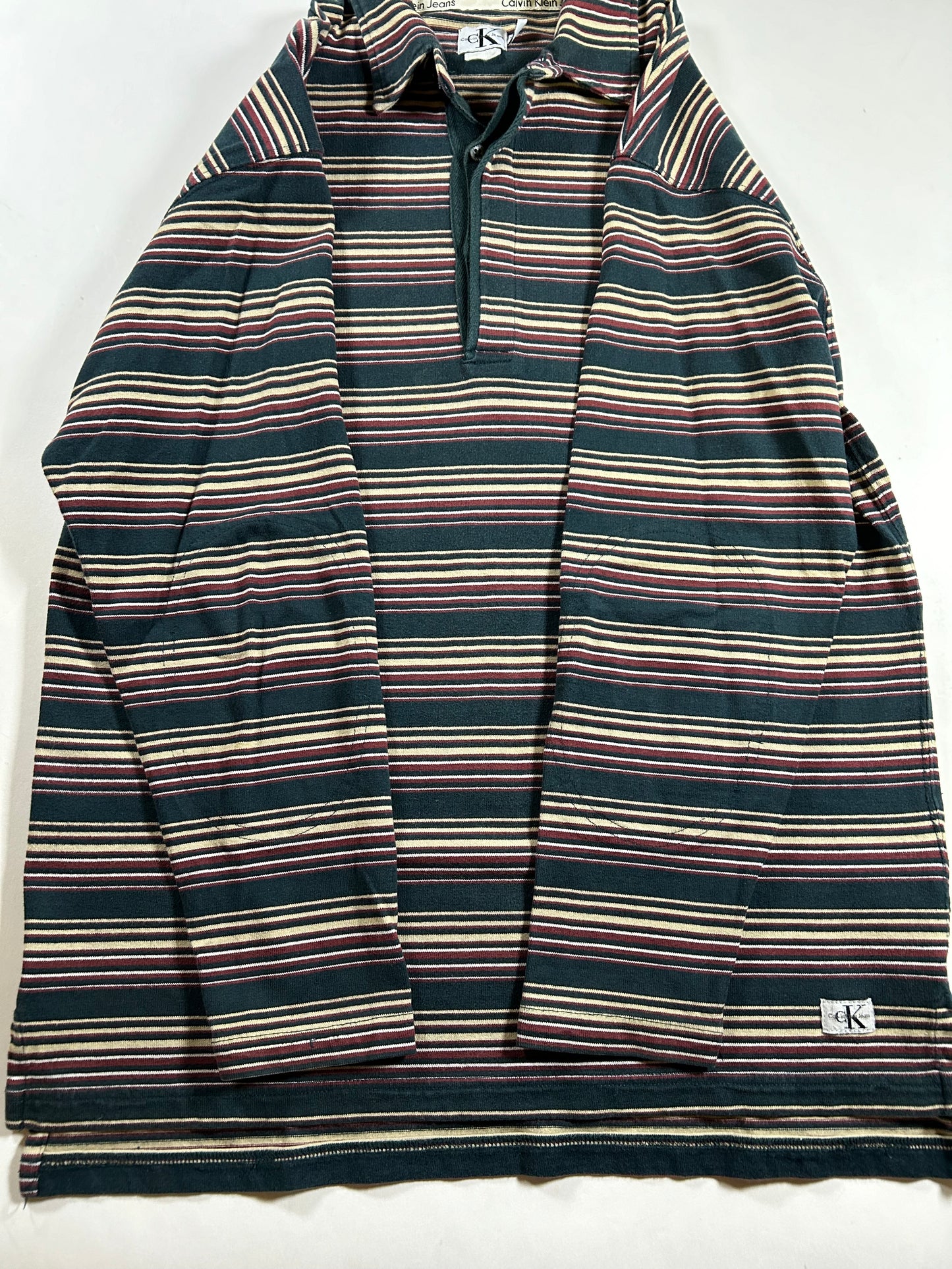 Vintage Calvin Klein Long Sleeve Striped Polo Shirt Rugby Style 22x30.25/31.5 Inches Mediumush Fit Tagged Small Fits Big