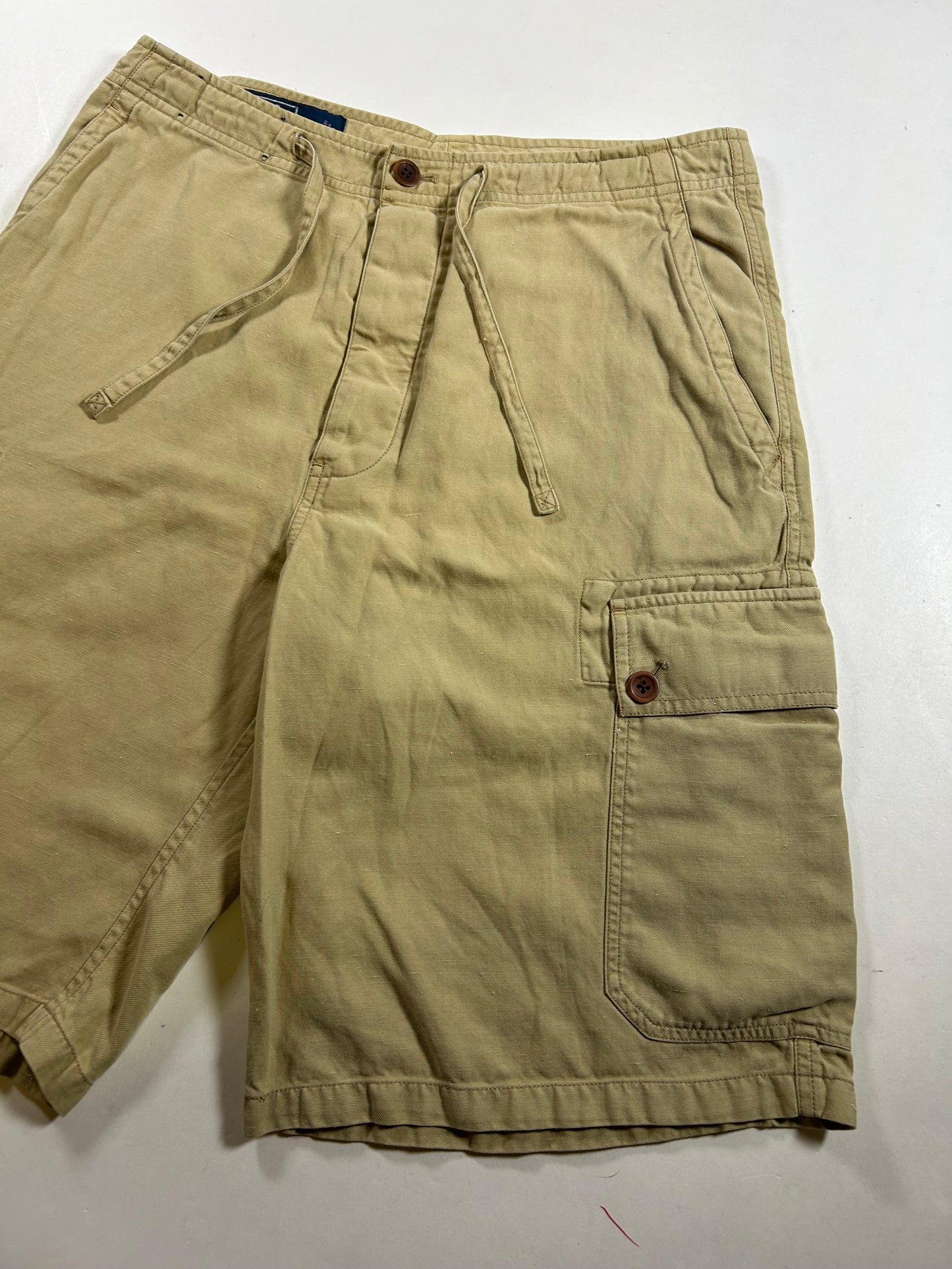 Vintage Polo Ralph Lauren Cargo Shorts Linen Silk Beige Drawstring Military Size 30 16.5x22.5 Inches