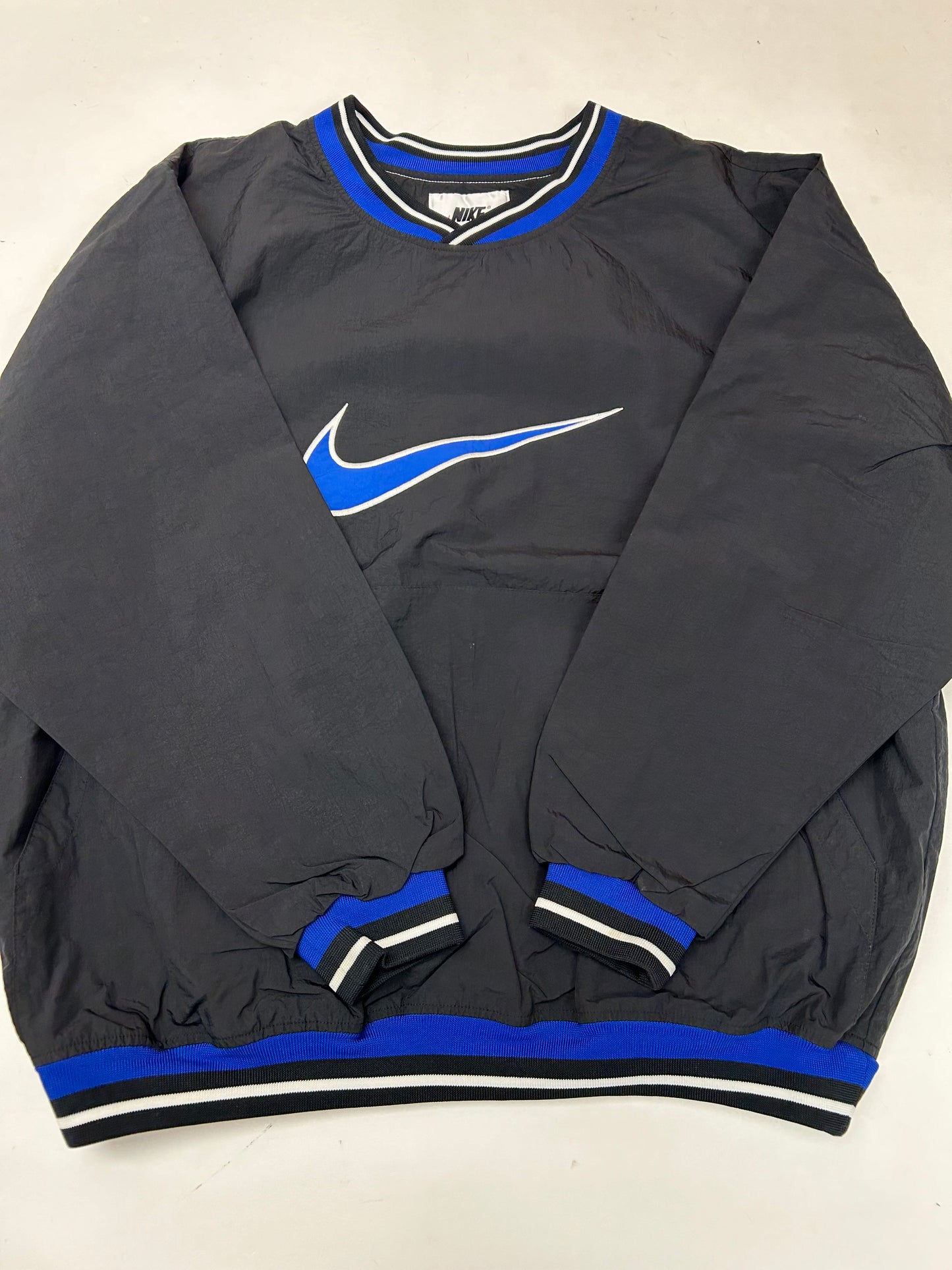 Vintage 90s Nike Swoosh V-neck Pullover Windbreaker Jacket 2XL 29.25x30.5 Inches Blue/Black/White