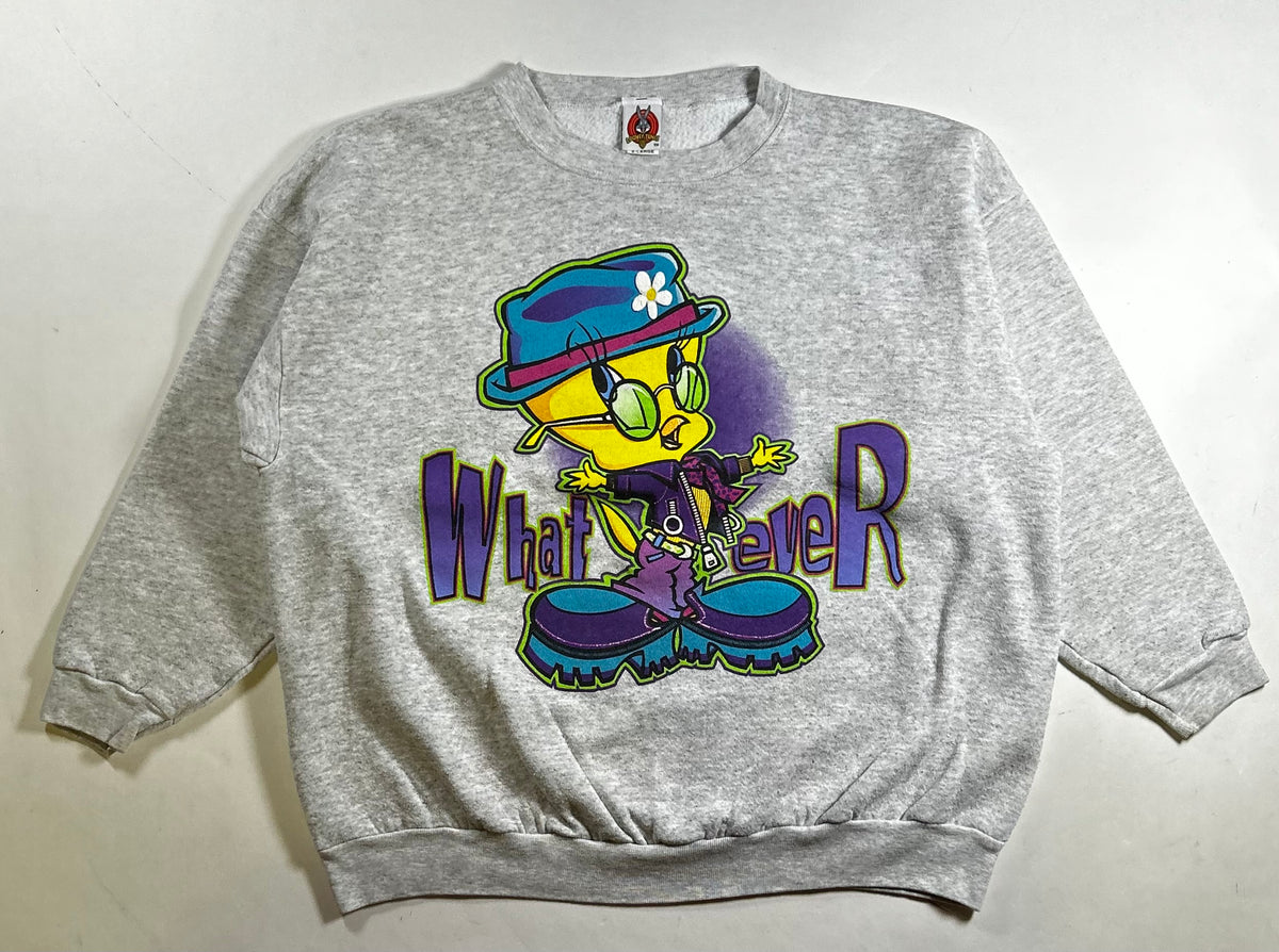 Vintage 1999 Warner Bros Tweety Bird Whatever Attitude Peace Crewneck Sweatshirt Boxy Fit 25.25x25.5 Inches