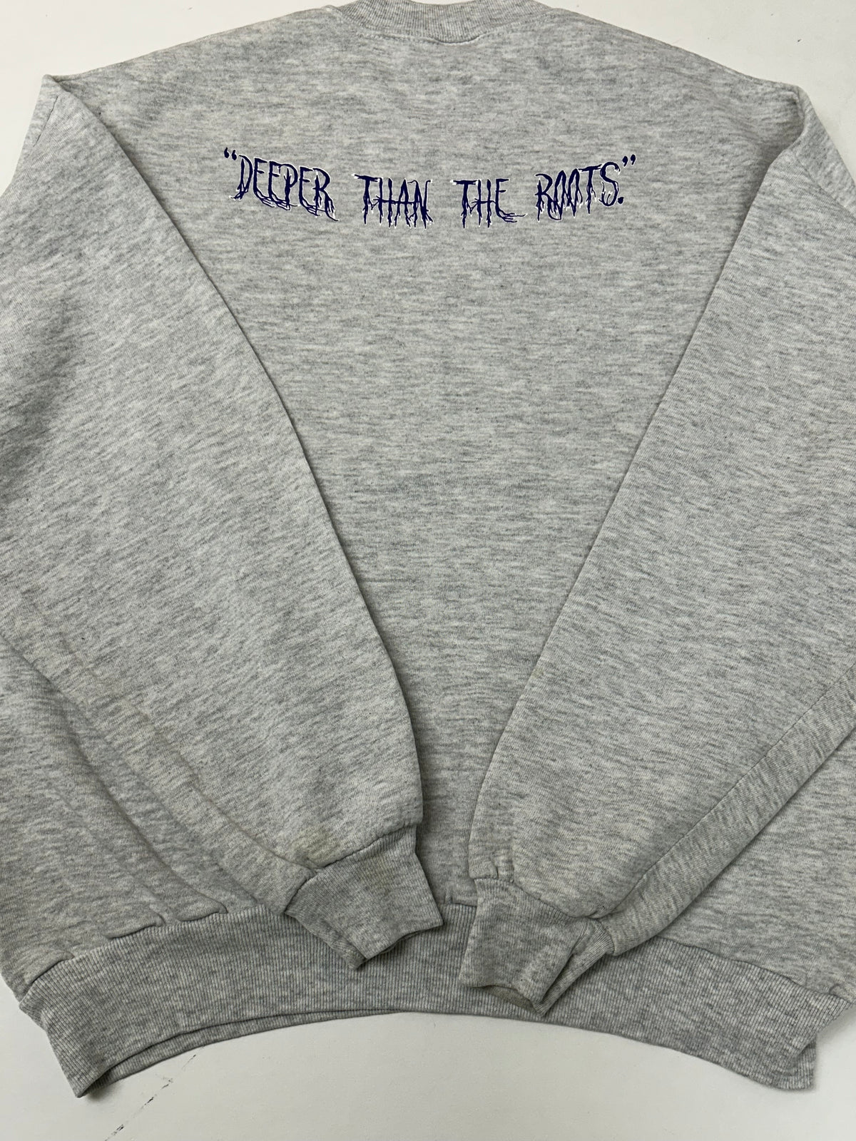 Edgewood New Jersey Deeper Than The Roots Crewneck Sweatshirt Jerzees Tag 50/50 Blend USA Heather Gray Thin Boxy Fit 24.5x25.75 Inches As Is