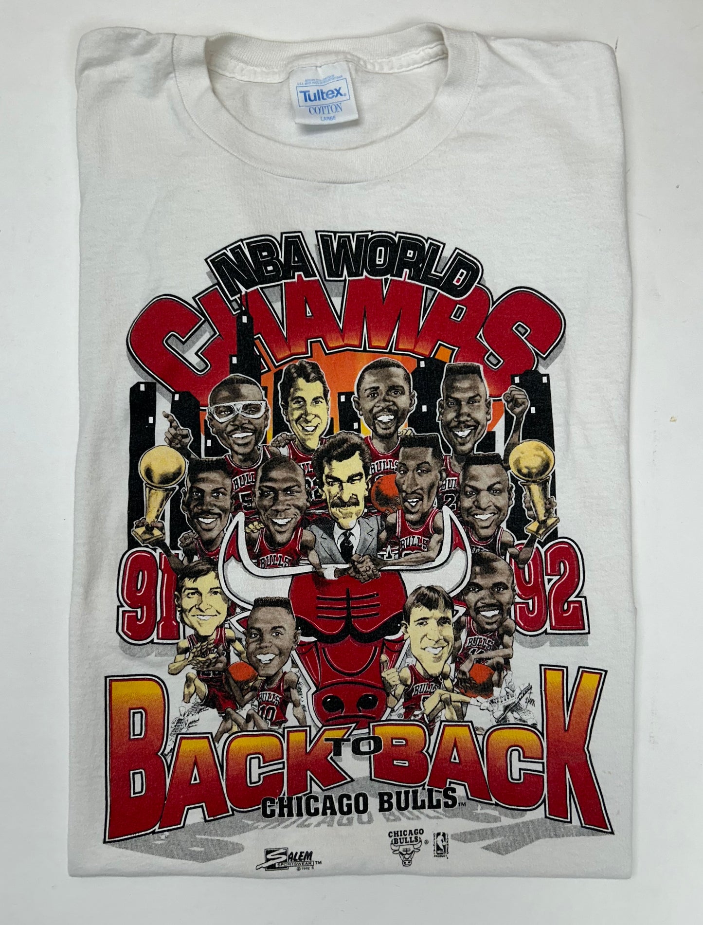 Vintage 1992 Chicago Bulls 2 Time NBA World Champs Caritcure Team Salem Sportswear Graphic Tee Large/Medium Fit 20.75x Inches