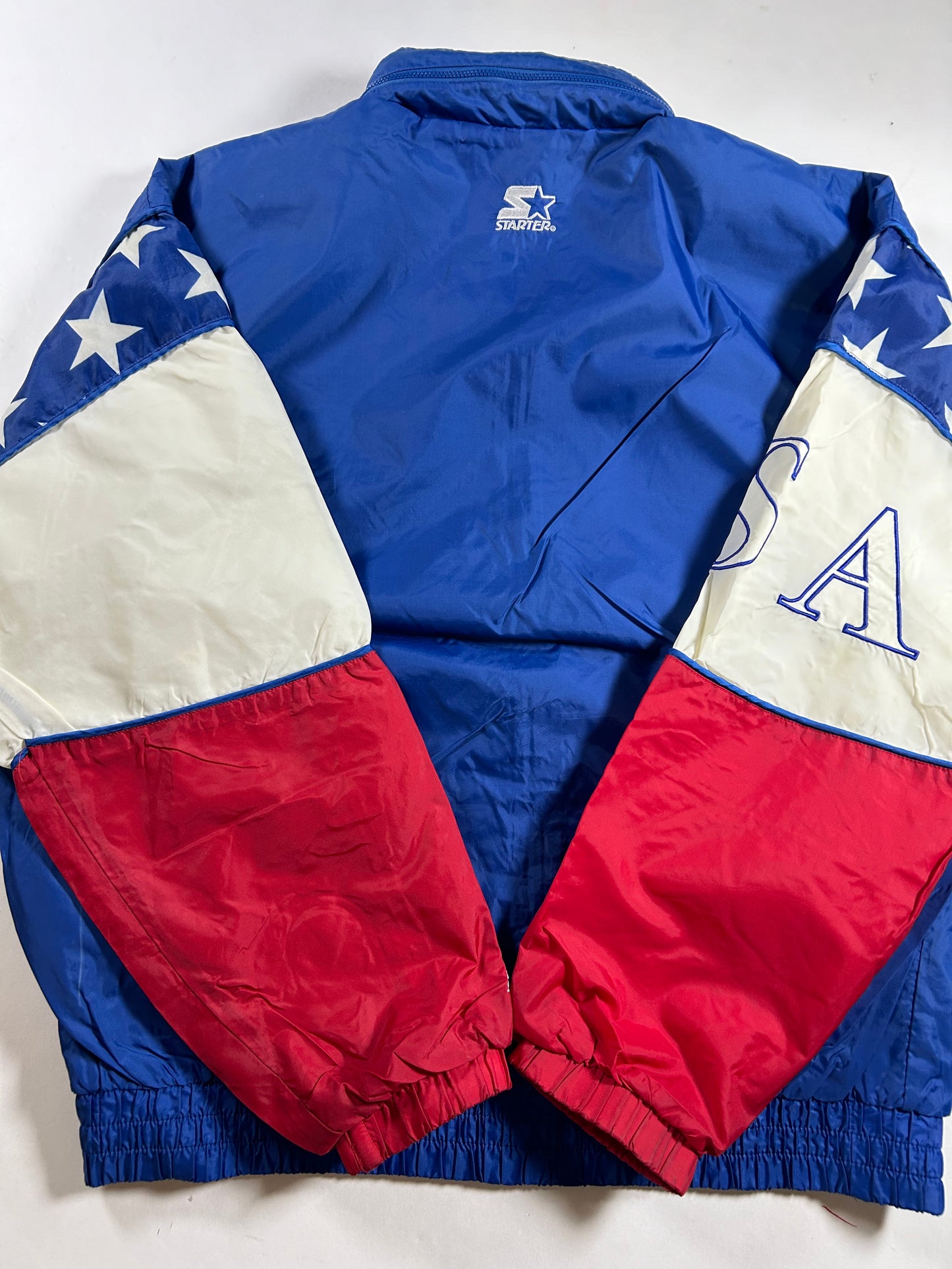 Vintage Starter 96 Atlanta Olympics Team USA Packable Hood Windbreaker Full Zip Jacket  Large 27.5x27.5 Inches