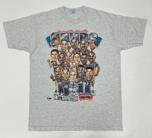Vintage 90s San Antonio Spurs NBA Caricature Team Salem Sportswear With Rodman Tee XL 24.5x32.75 Inches