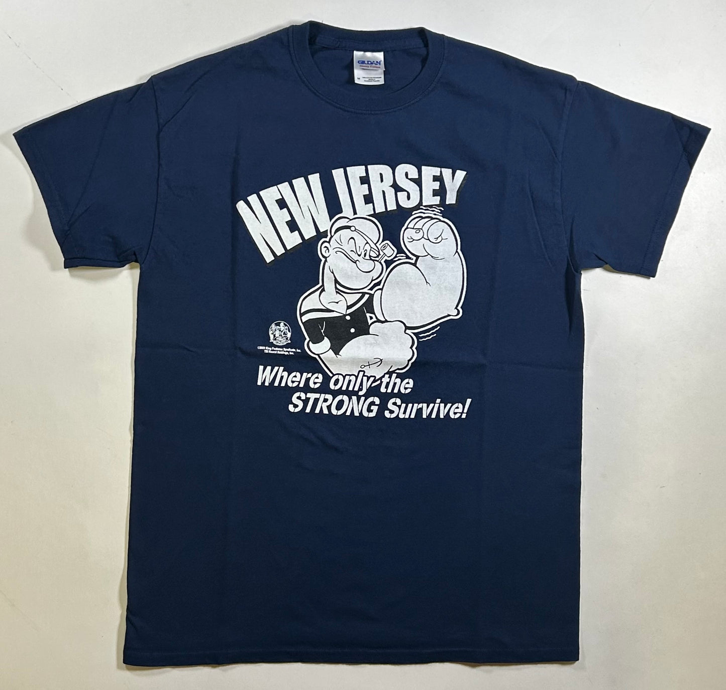 Vintage 2009 Popeye New Jersey Where Only The Strong Survive Tee Medium 20x27.75 Inches Navy