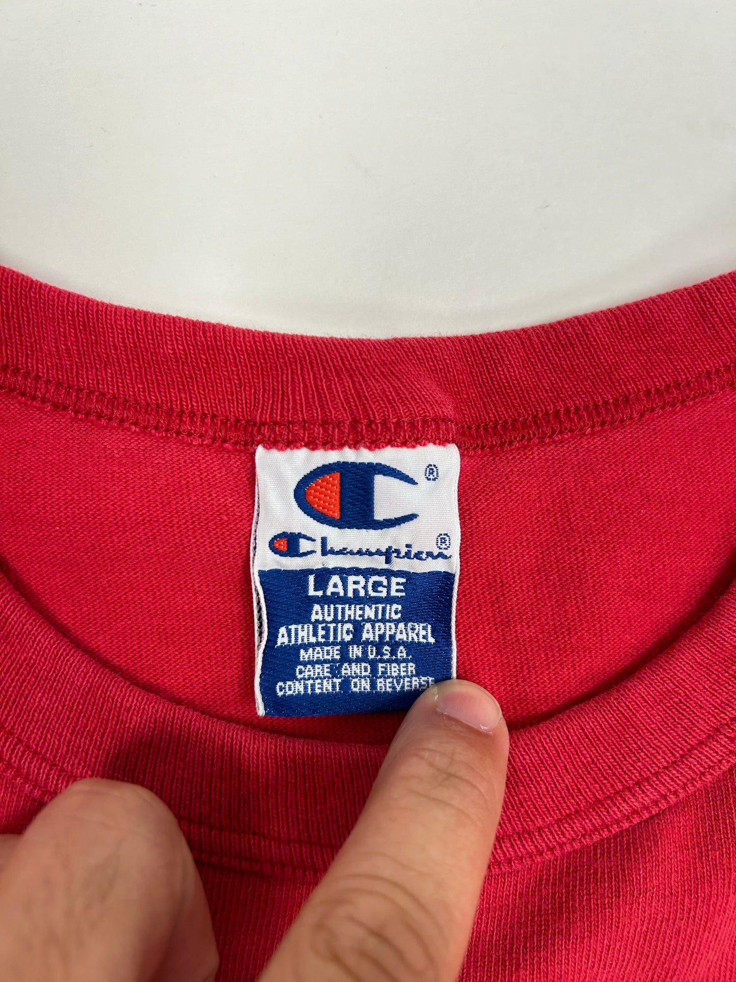 Vintage 90s Champion Script Spell Out Logo Tee Large 23x27.75 Inches Made In USA Tagged Large