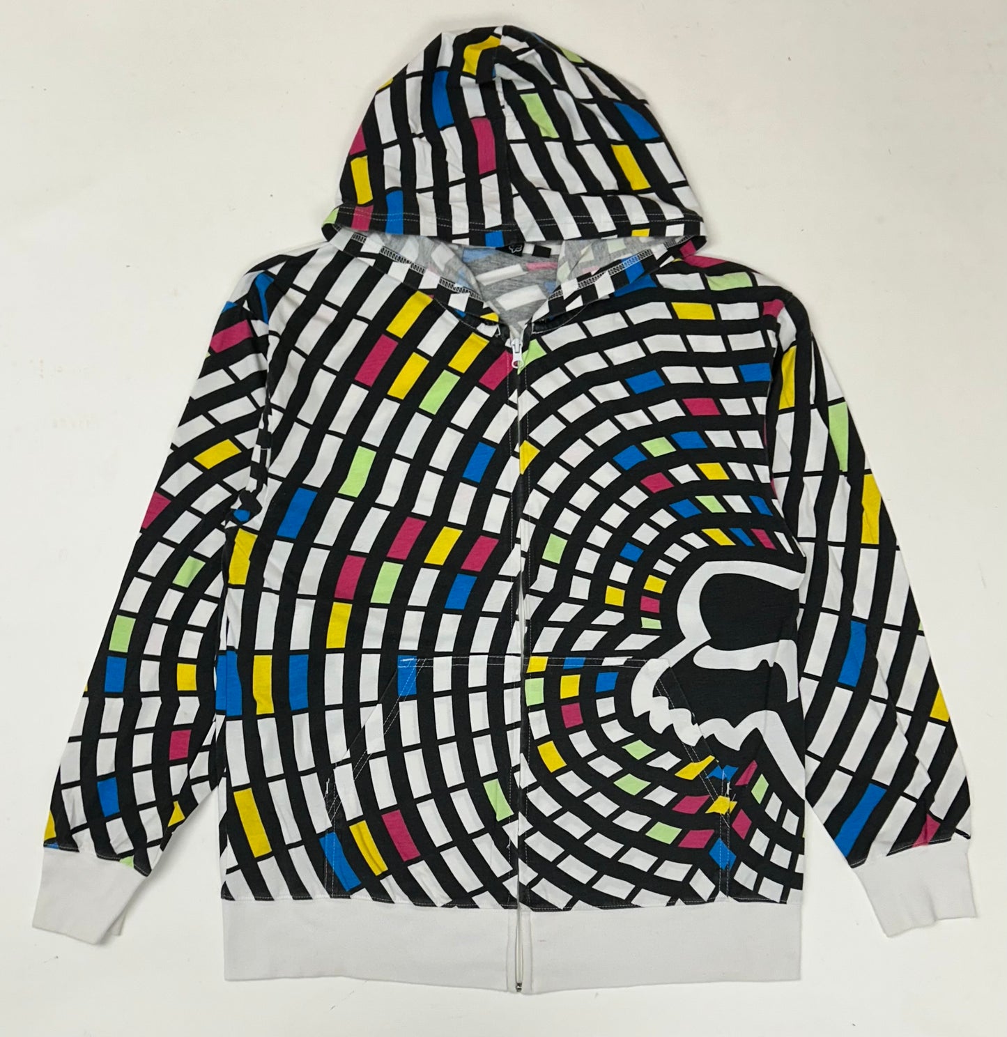 Vintage 00s Fox Racing Motocross Zip Up Abstract Thin Hooded Sweatshirt M/L Fit 22.75x28.75 Inches