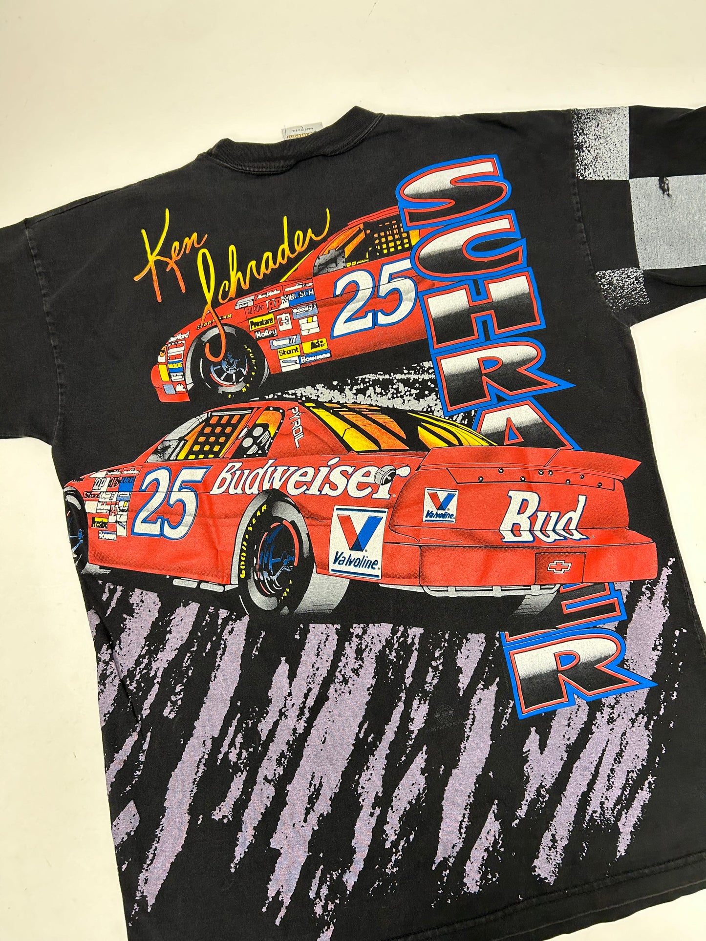 Vintage 90s Ken Schrader Bud Racing Budweiser NASCAR All Over Print AOP Tee Large 22.25x30.25 Inches