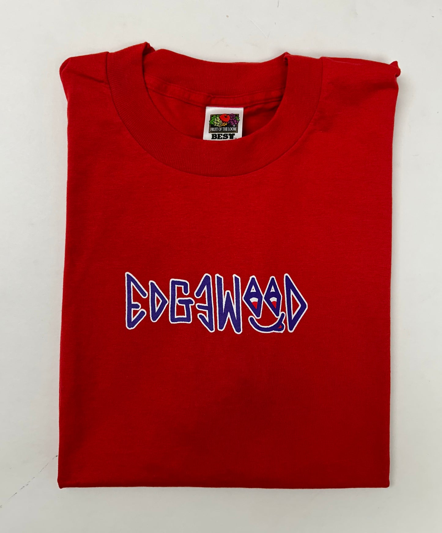Edgewood NJ first edition “Deeper Than The Roots.” Tee XL 23.75x31 Inches 90s FOTL Best USA/Honduras Made 50/50 Blend Cherry Red