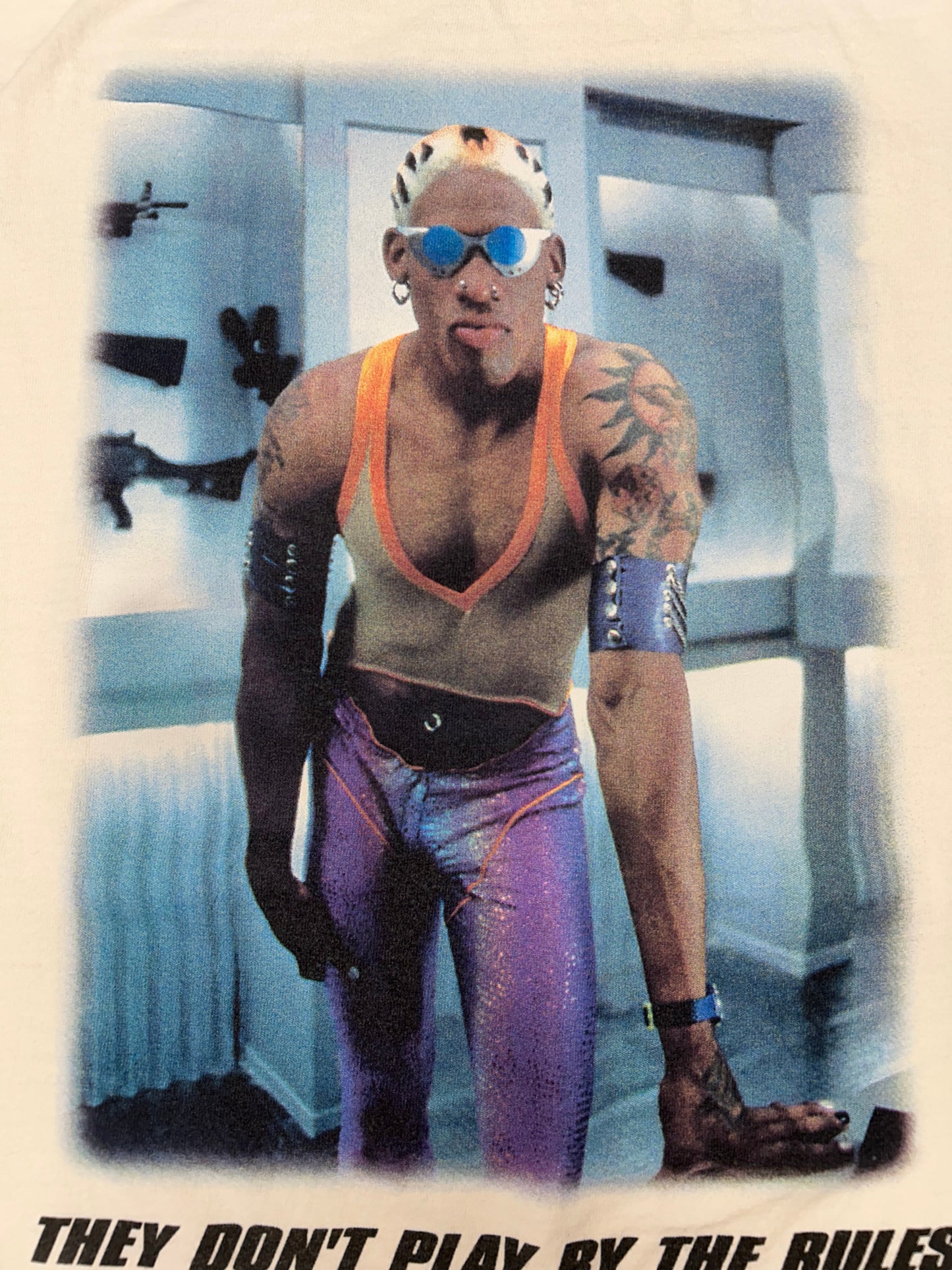Vintage 1997 Dennis Rodman Double Team Movie Promo Action Movie Shirt Rare Large 21.25x29.25 Inches White