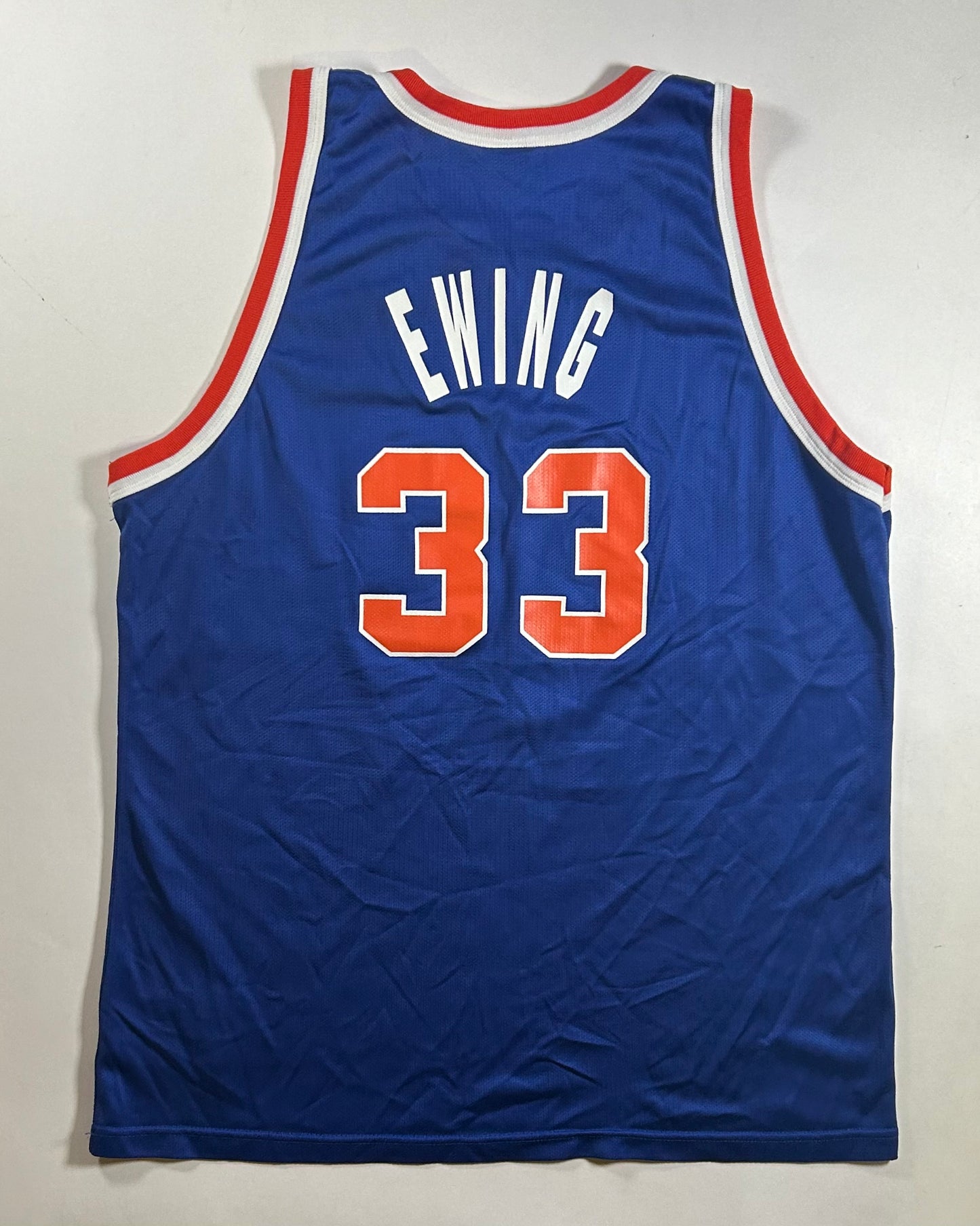 Vintage New York Knicks Patrick Ewing NBA Champion Basketball Jersey 48 XL 23.25x31.5 Inches As Is Has Flaw.