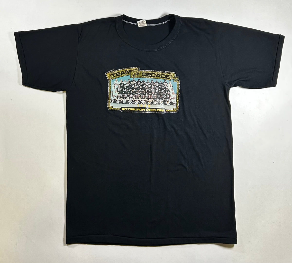 Vintage Pittsburgh Steelers Team Of The Decade 1979 NFL Gel Team Photo Tee Russell L/XL Fit 22x29.5 Inches