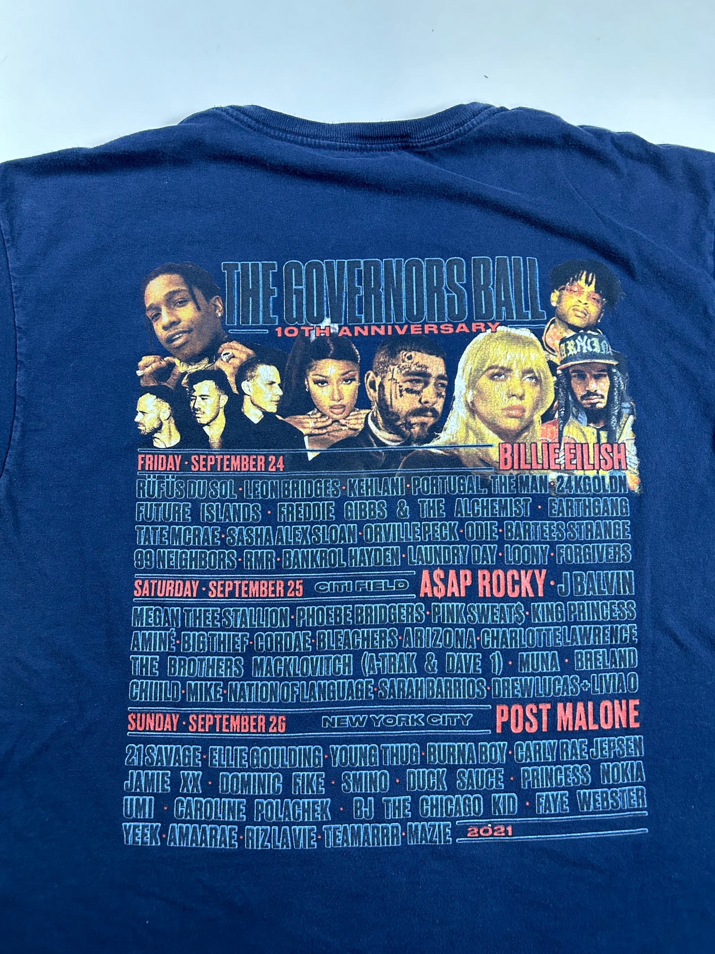 Governors Ball NYC 2021 Tour Shirt Billie Eilish Post Malone A$AP Rocky Medium 20.25x27 Inches
