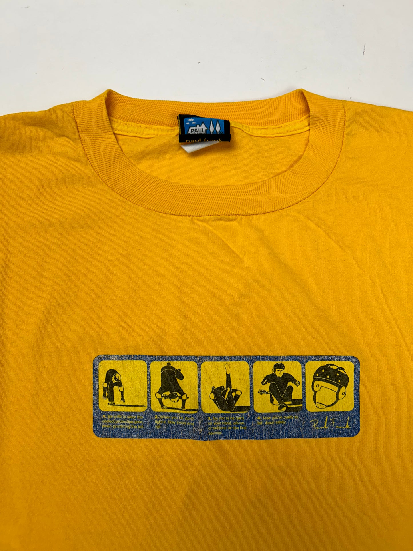 Vintage Paul Frank Skateboarding Sequence Skate Tee Yellow L/XL 24.5x28.25 Inches As Is Worn