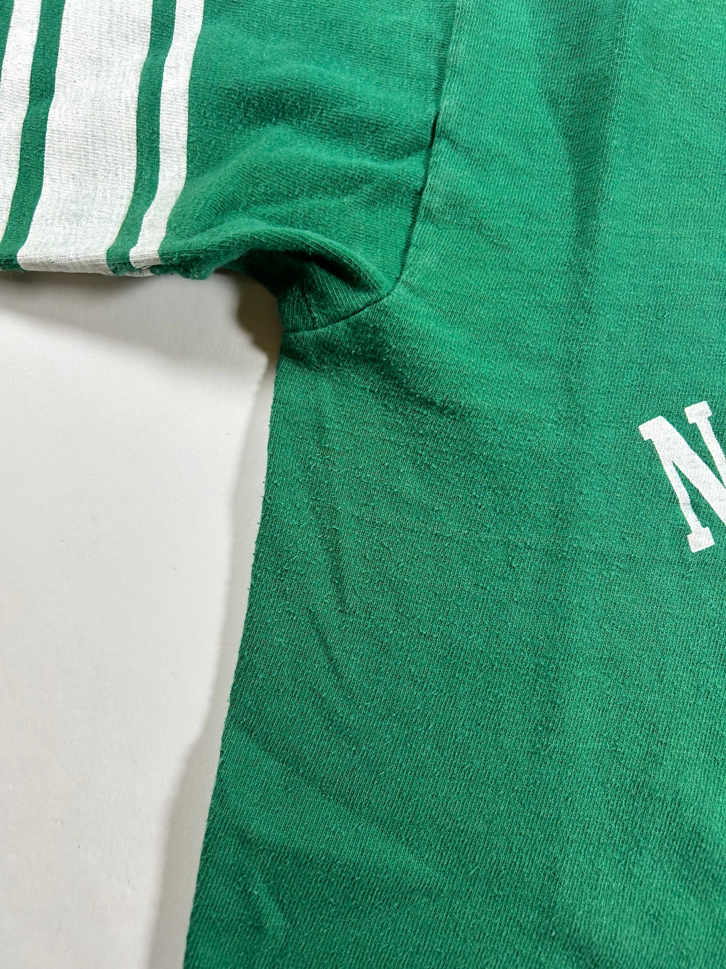 Vintage 70s Notre Dame Champion Blue Bar Green Jersey Style Tee 18.25x26 Inches Small Fit As Is