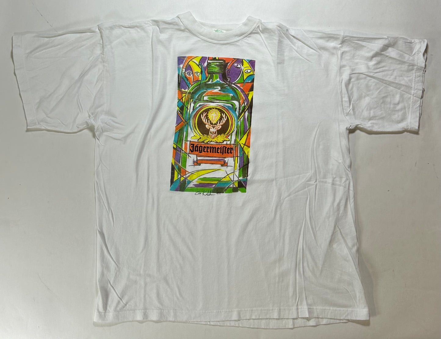 Vintage Jägermeister Alchol Promo Art Graphic Tee G. Kalehen ‘99 White XL 25x29 Inches