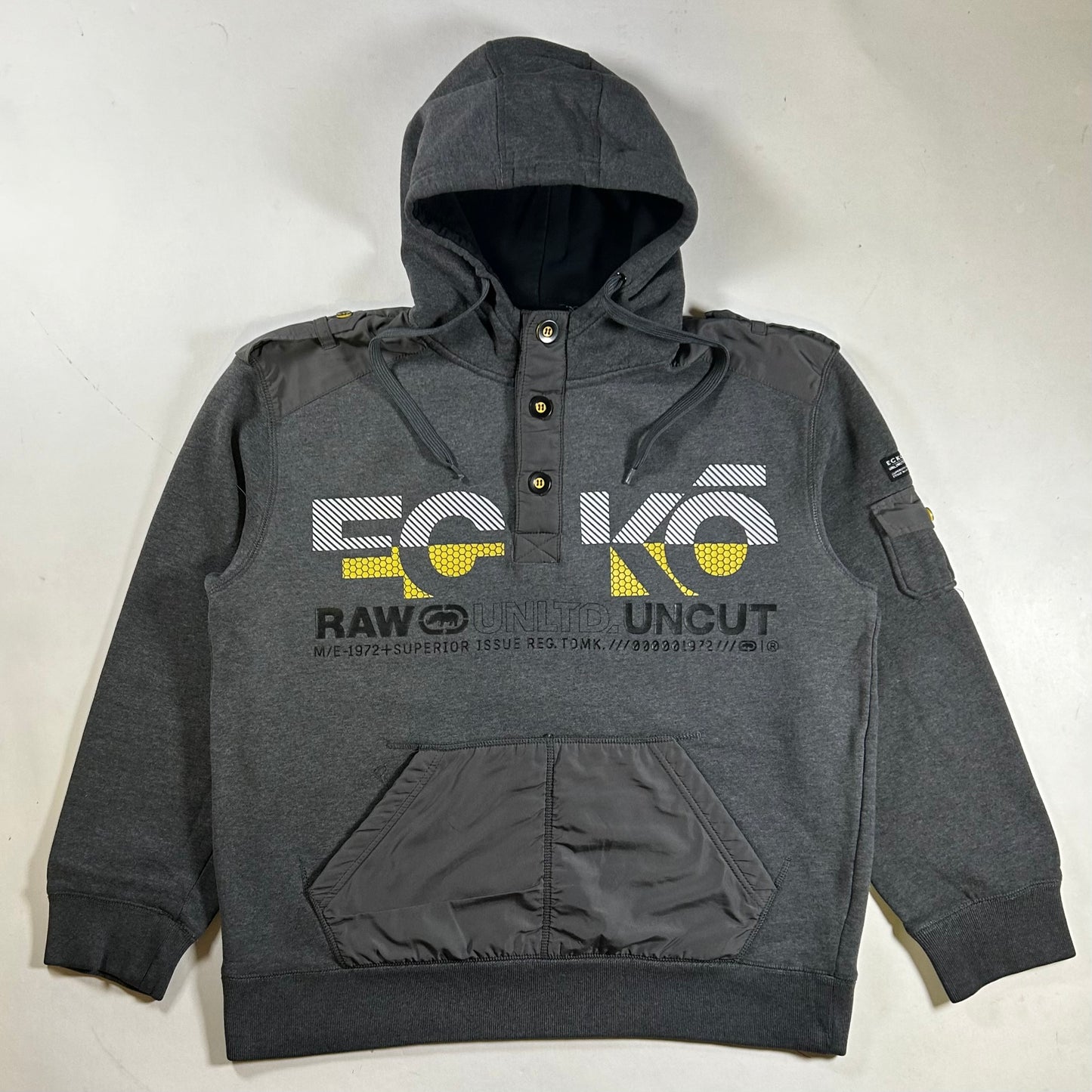 Vintage Eckō Unltd. Raw & Uncut Hooded Sweatshirt Gray Y2K Size Large 24.25x27