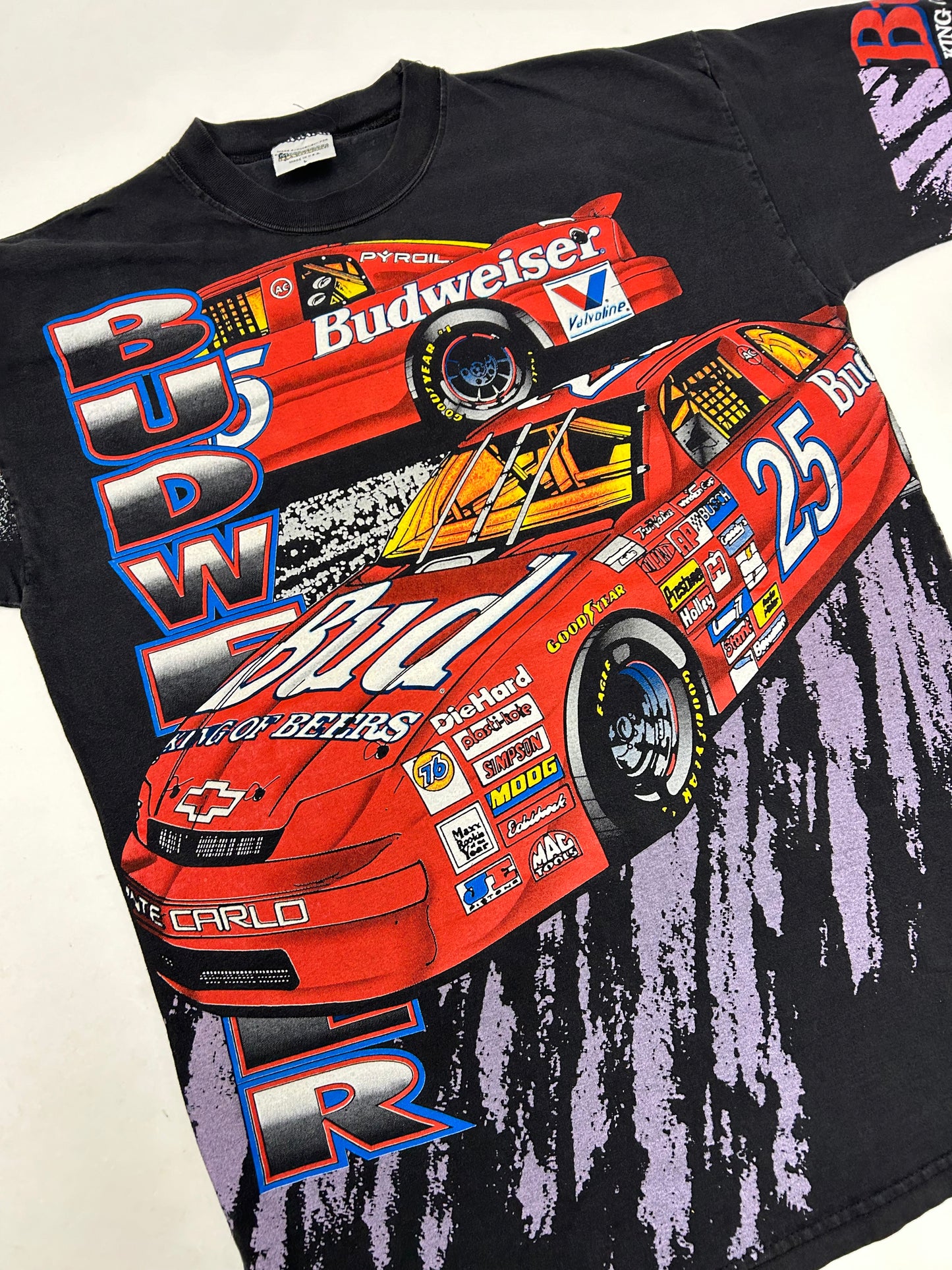 Vintage Ken Schrader Bud Racing Budweiser NASCAR All Over Print Tee Large 90s