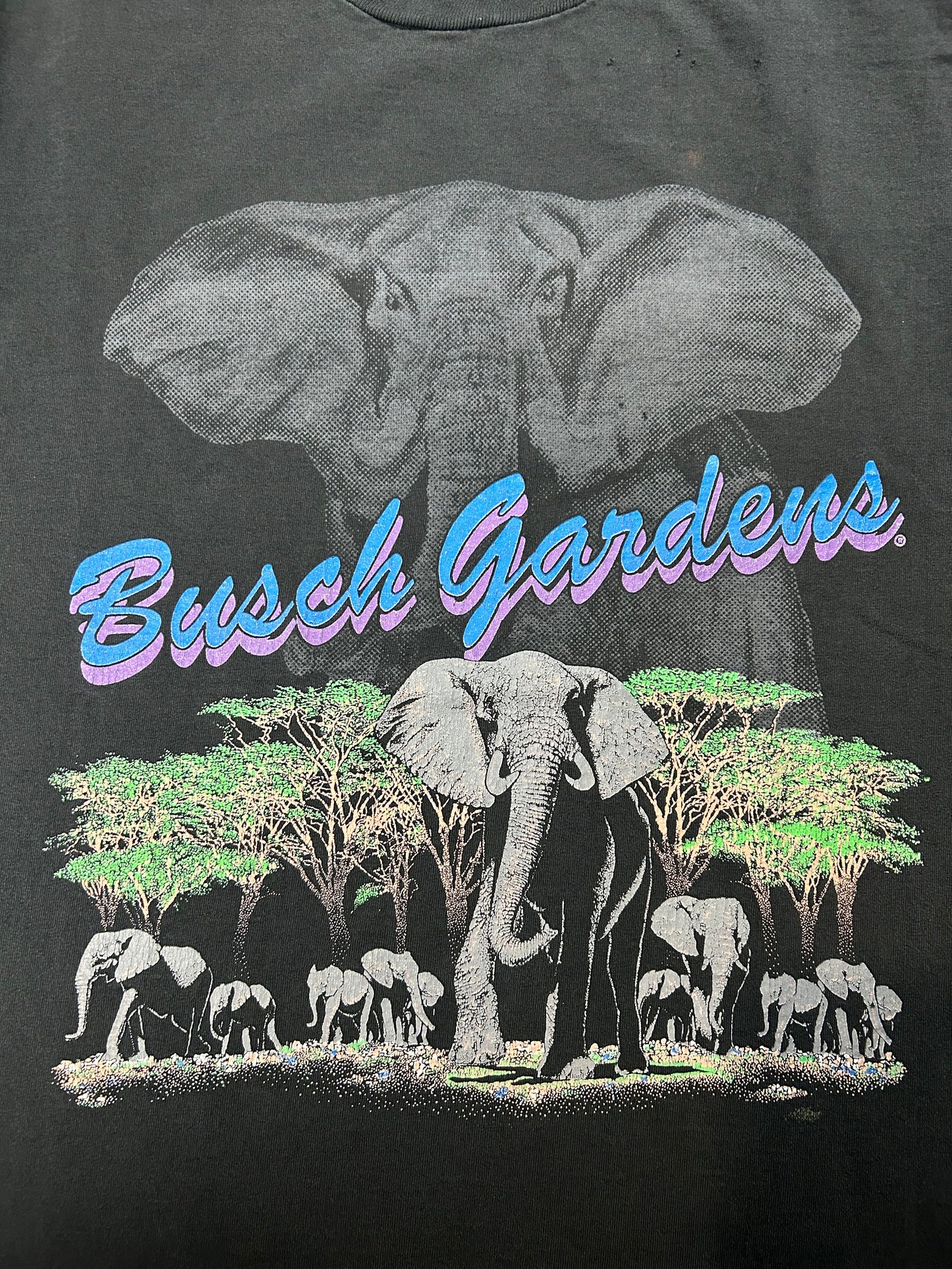Vintage Busch Gardens Elephant Animal Graphic T-Shirt Fits Medium 19.75x28 Inches As Is Has Wear & Pin Holes Great Fade