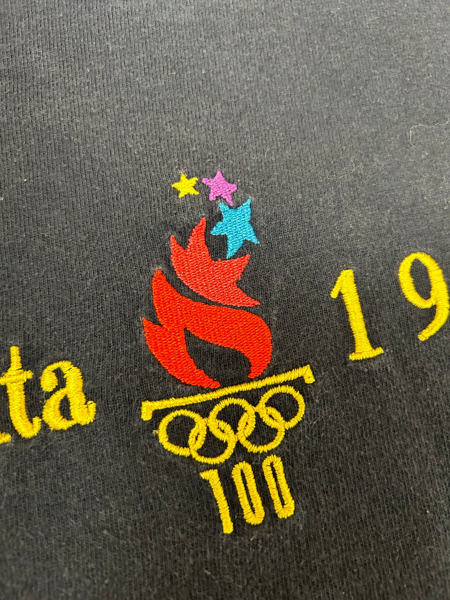 Vintage Champion 1996 Atalanta Olympics Embroidered Logo Tee Navy XL 24.25x28.5 Inches