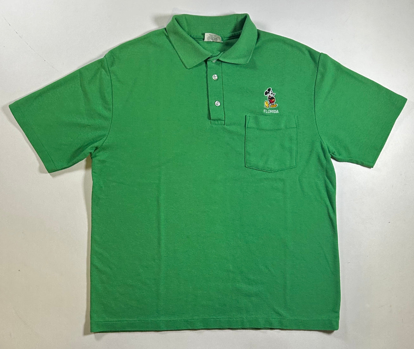 Vintage Velva Sheen Mickey Mouse Embroidered Logo Polo Shirt USA Green 21.75x26.5 Inches
